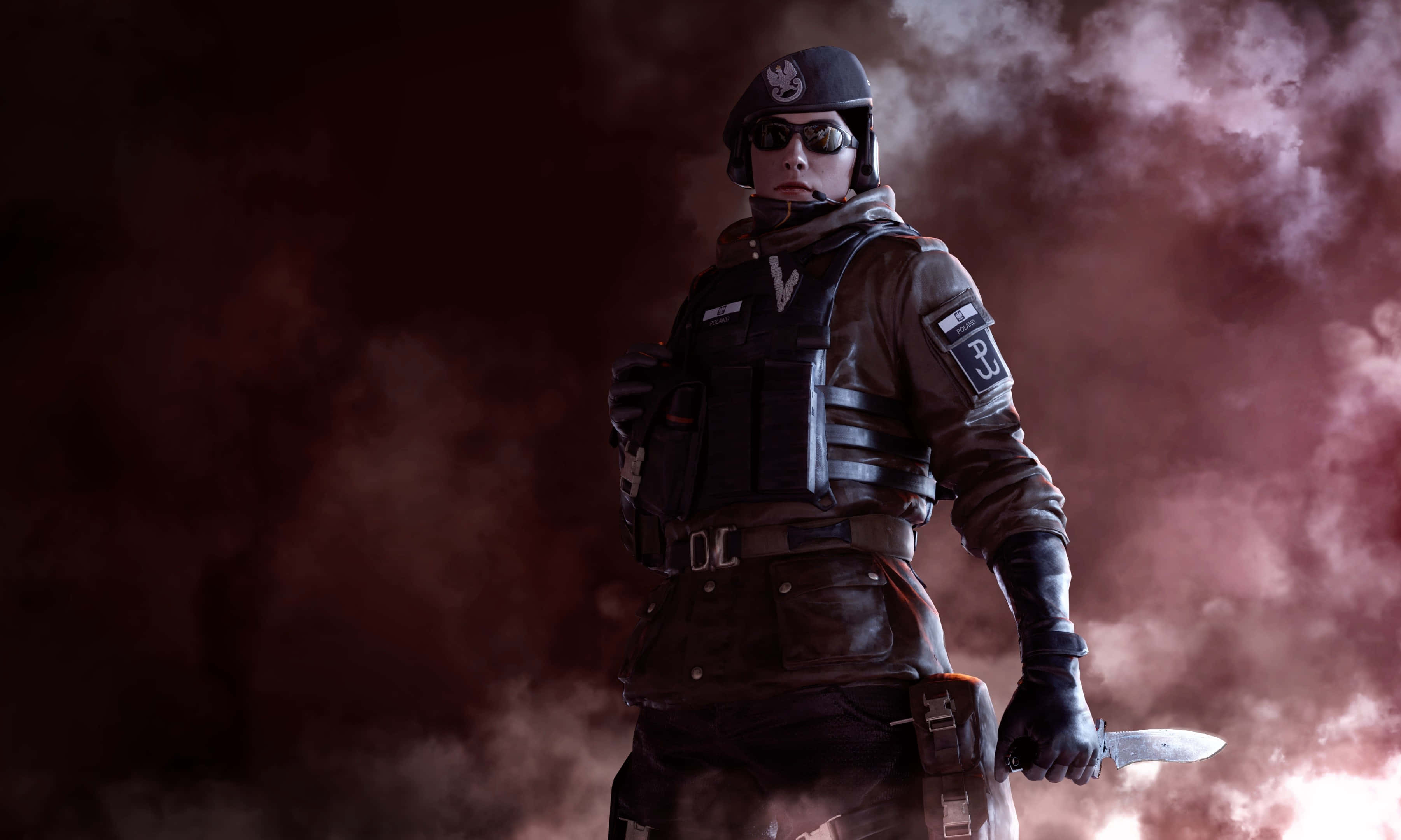 Zofia R6 桌布 壁紙 — 一名身穿戰術裝備的士兵在煙霧瀰漫的深紅色背景下手持刀具蓄勢待發。