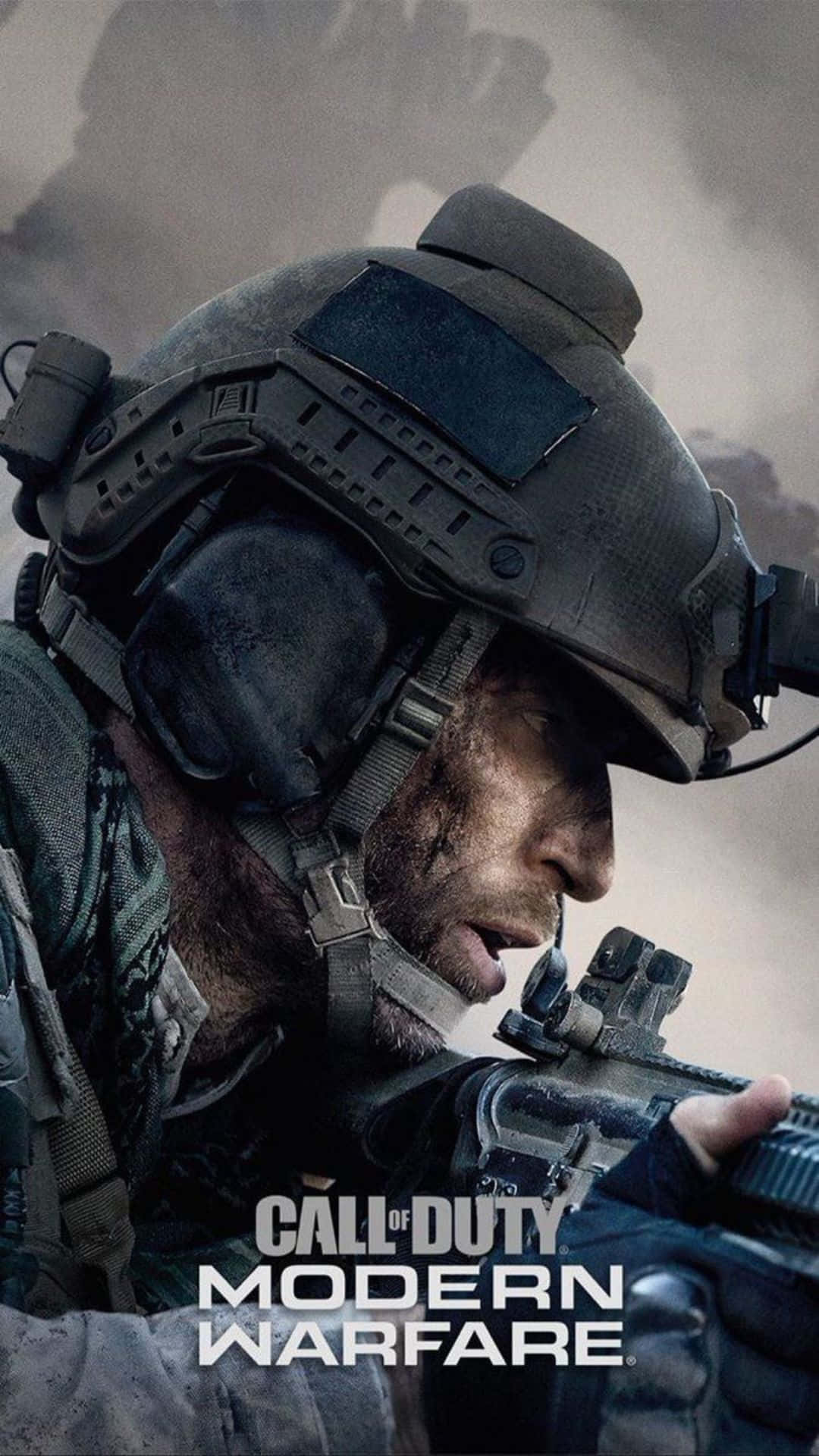 Call Of Duty Weapons 桌布 壁紙 — 一名身穿戰術裝備的士兵在煙霧瀰漫的戰場背景下，專注地瞄準步槍。