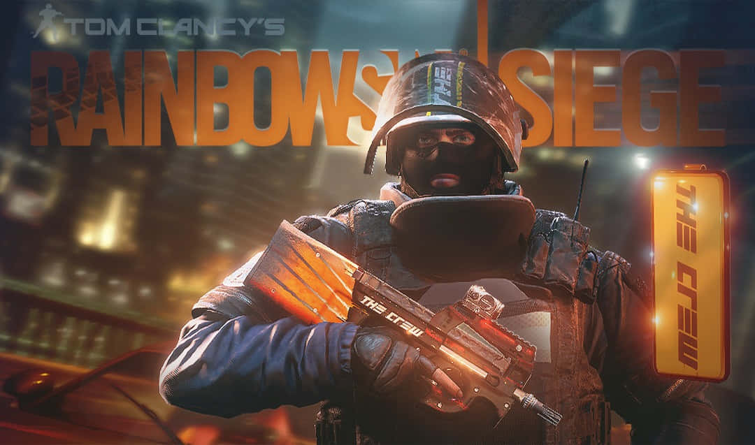 Rainbow Six Siege Rook 桌布 壁紙 — 一名身穿戰術裝備的士兵在熾熱的城市背景下手持發光武器，並帶有遊戲標題文字。