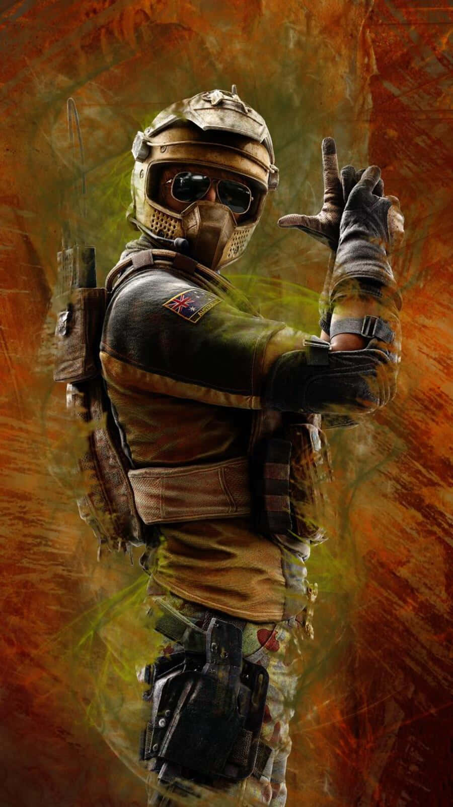 Rainbow Six Siege Mozzie 桌布 壁紙 — 一名身穿戰術裝備的士兵在熾熱的橙色和綠色抽象背景前做出和平手勢。