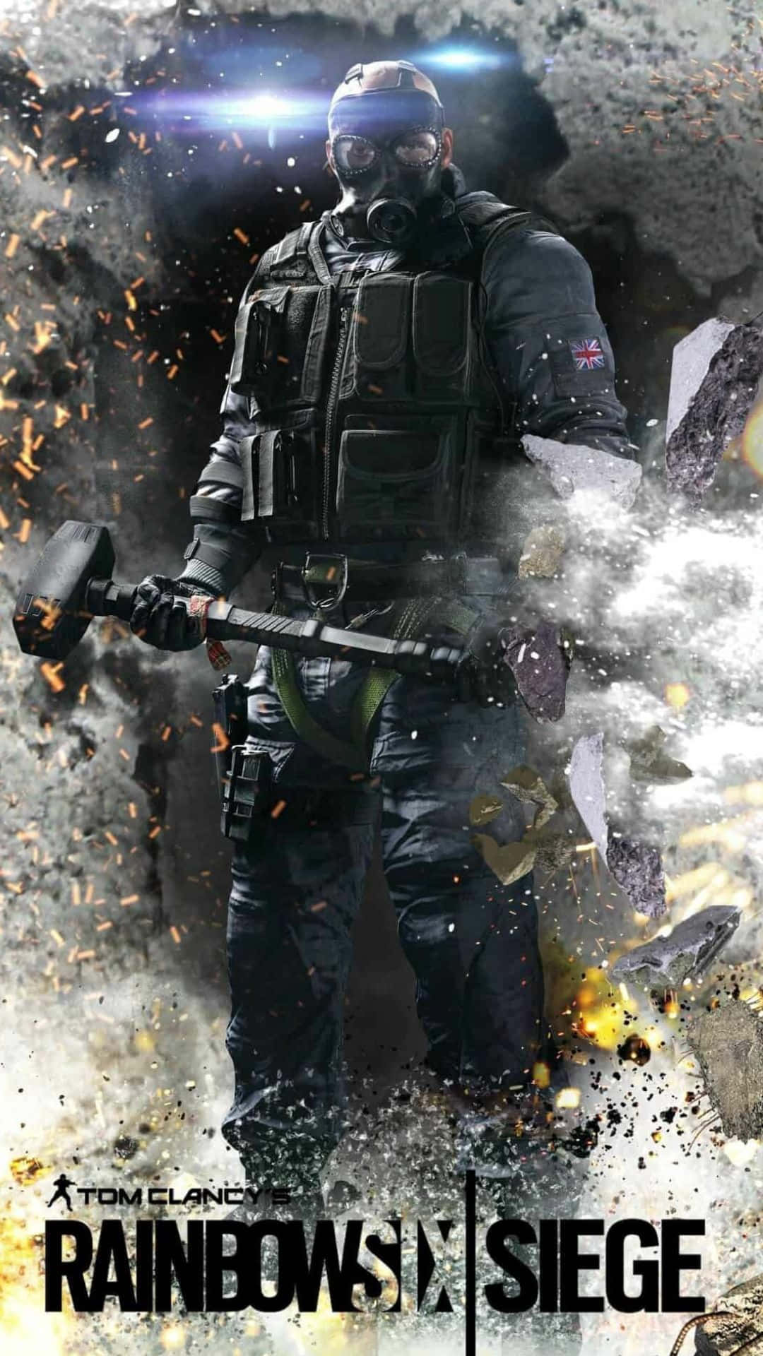 Rainbow Six Siege Operators 桌布 壁紙 — 一名身穿戰術裝備的士兵在爆炸碎片和火花中揮舞大錘，呈現激烈的戰鬥場景。