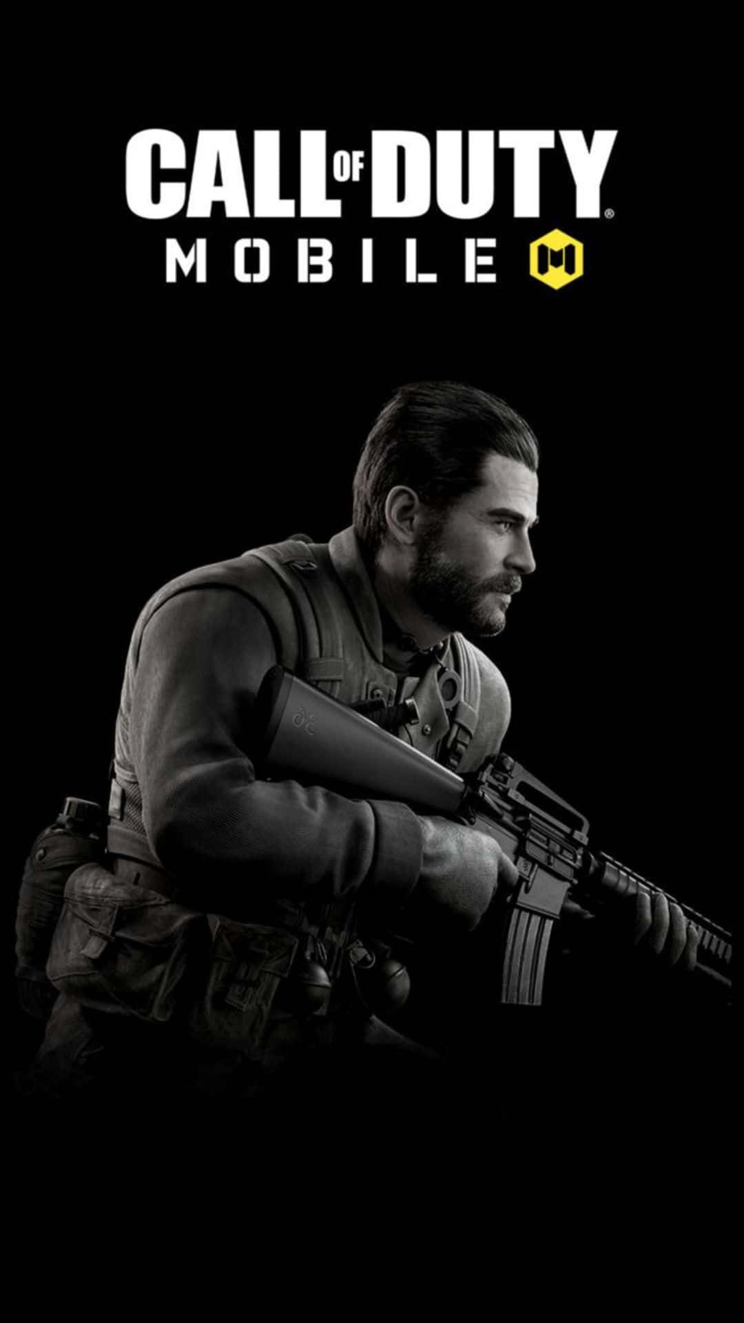 Call Of Duty Weapons 桌布 壁紙 — 一名身穿戰術裝備的士兵在純黑色背景上手持步槍，並帶有「Call of Duty Mobile」文字。