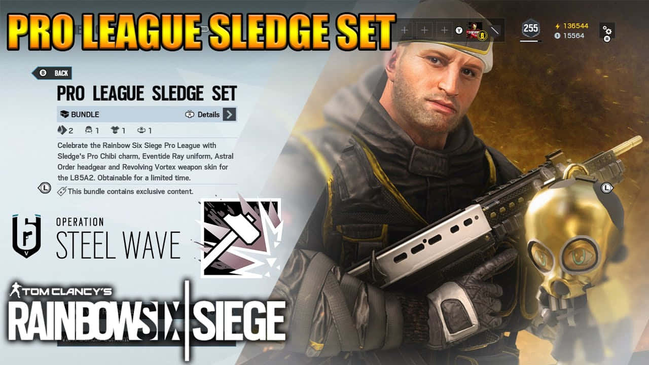 Rainbow Six Siege Sledge 桌布 壁紙 — 一名身穿戰術裝備的士兵在遊戲界面背景下手持金色骷髏主題武器。