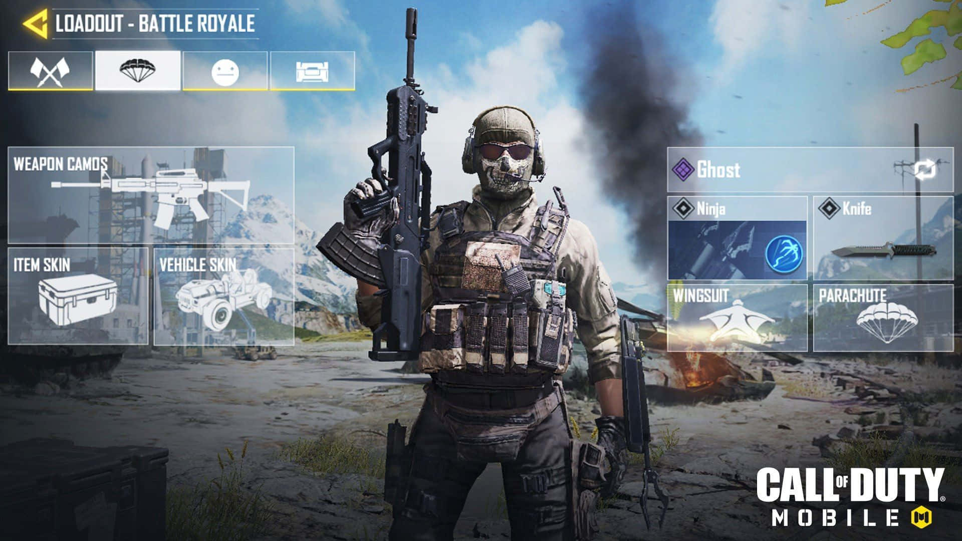 Call Of Duty Weapons 桌布 壁紙 — 一名身穿戰術裝備的士兵在雪地山區戰場上持步槍，並帶有裝備自訂的UI元素。