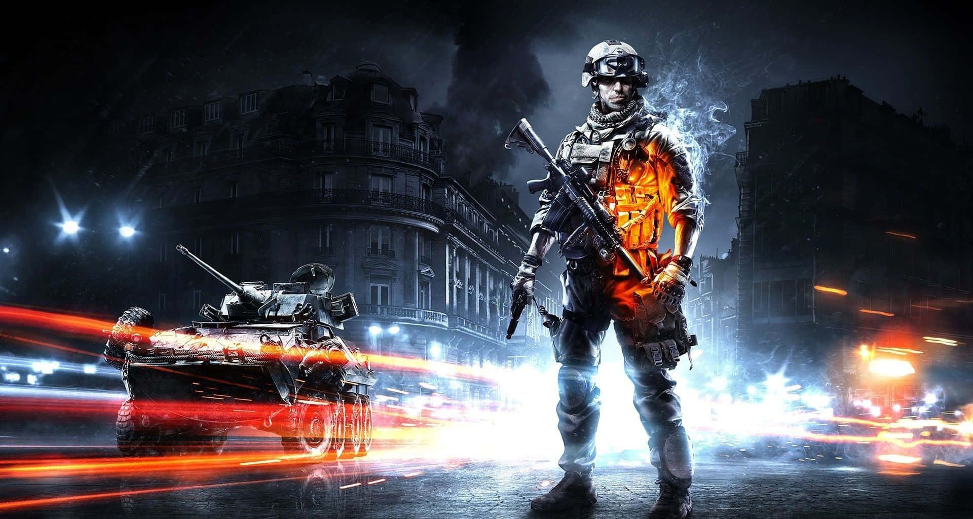 Call Of Duty First Person Shooter 桌布 壁紙 — 一名身穿戰術裝備的士兵在霓虹燈下，站在一輛高速行駛的裝甲車旁，身處雨夜中的城市戰場。