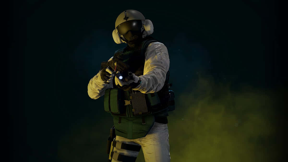 Rainbow Six Siege Jager 桌布 壁紙 — 一名身穿戰術裝備的士兵在黑暗煙霧繚繞、帶有綠色薄霧的背景中手持發光手槍。
