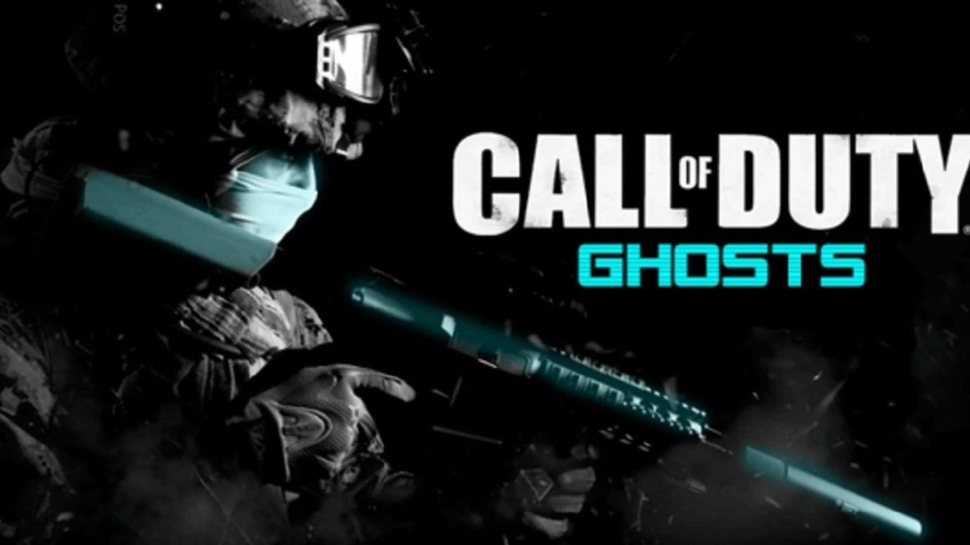 Call Of Duty Ghosts 桌布 壁紙 — 一名身穿戰術裝備的士兵在黑暗背景中手持發光步槍，並帶有「Call of Duty Ghosts」文字。