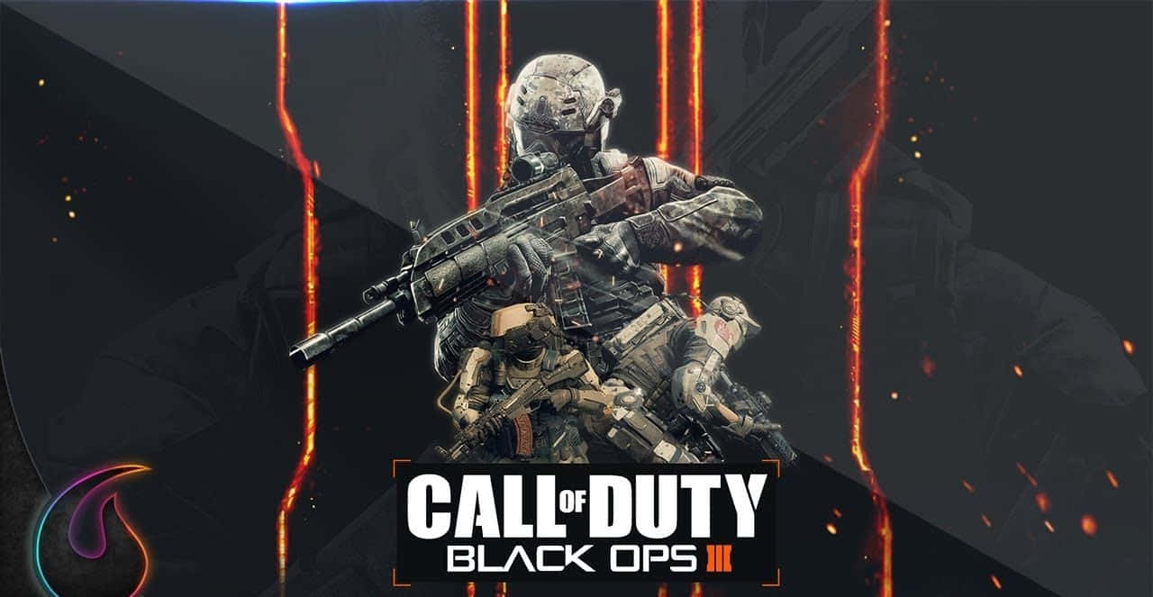 Black Ops 3 桌布 壁紙 — 一名身穿戰術裝備的士兵在黑暗背景中手持步槍，背景有發光的橙色垂直條紋和火花。