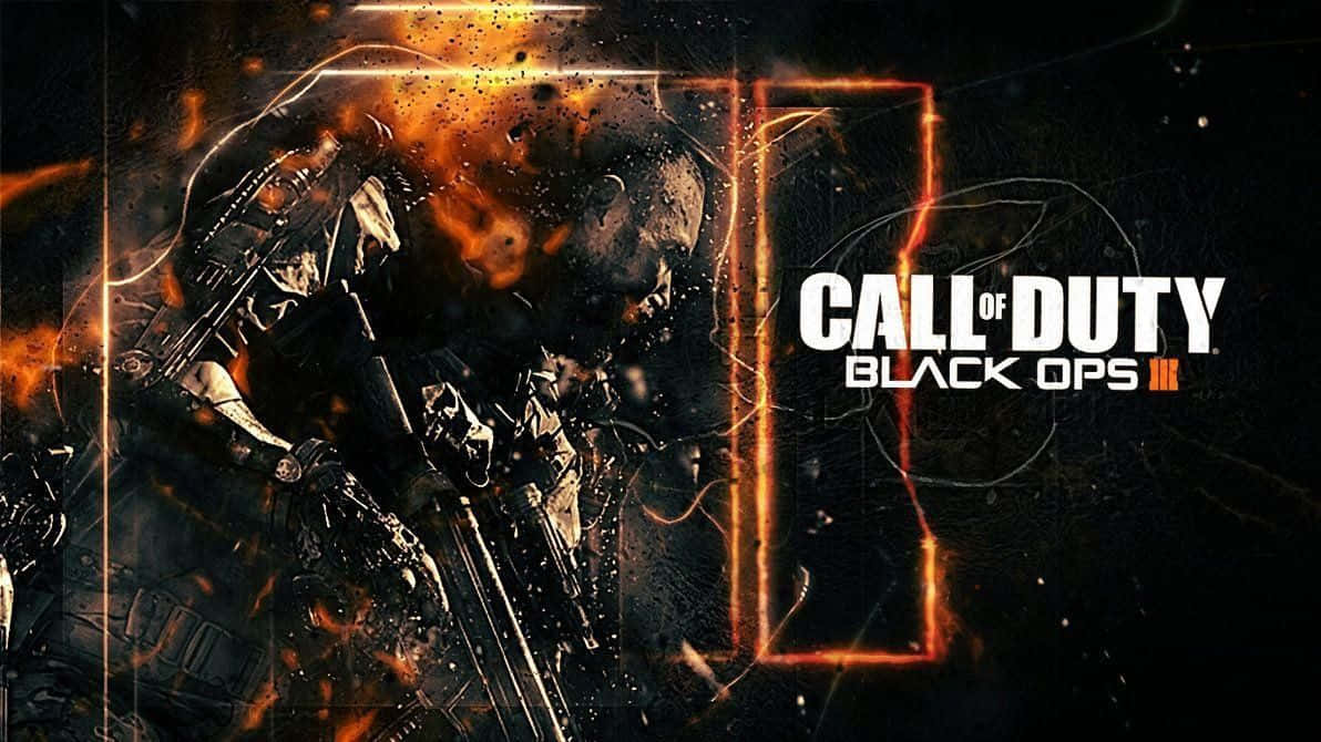 Black Ops 3 桌布 壁紙 — 一名身穿戰術裝備的士兵從猛烈爆炸中出現，發光的橙色線條框住Call of Duty Black Ops III標誌。