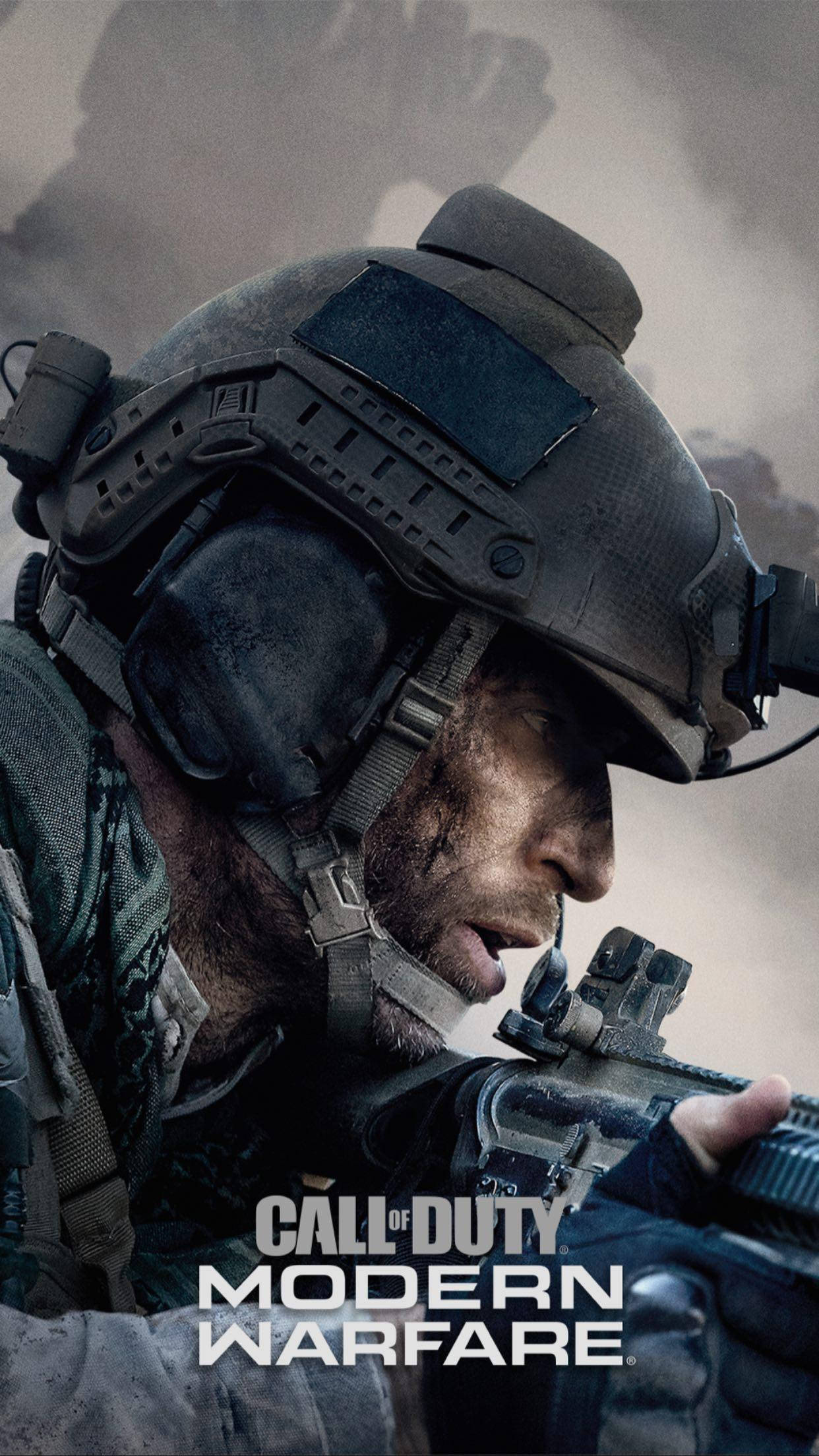Call Of Duty Modern Warfare iPhone 桌布 壁紙 — 一名身穿戰術裝備的士兵手持步槍，在煙霧和灰塵中專注地凝視著 gritty 的戰場場景。