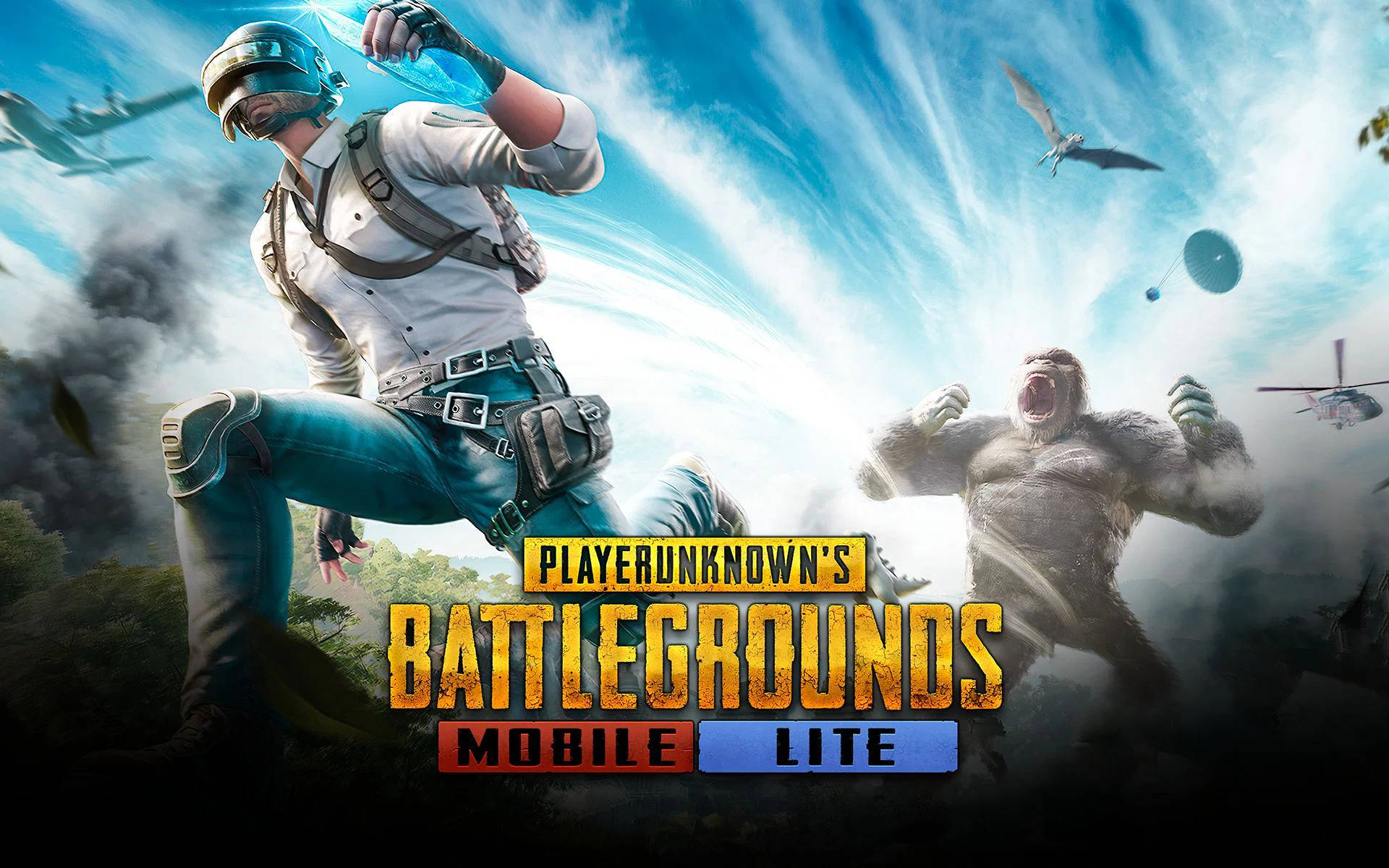 PUBG 桌布 壁紙 — 一名身穿戰術裝備的士兵手持發光武器向前躍進，一隻巨型猩猩在他身旁對著暴風雨的天空咆哮。
