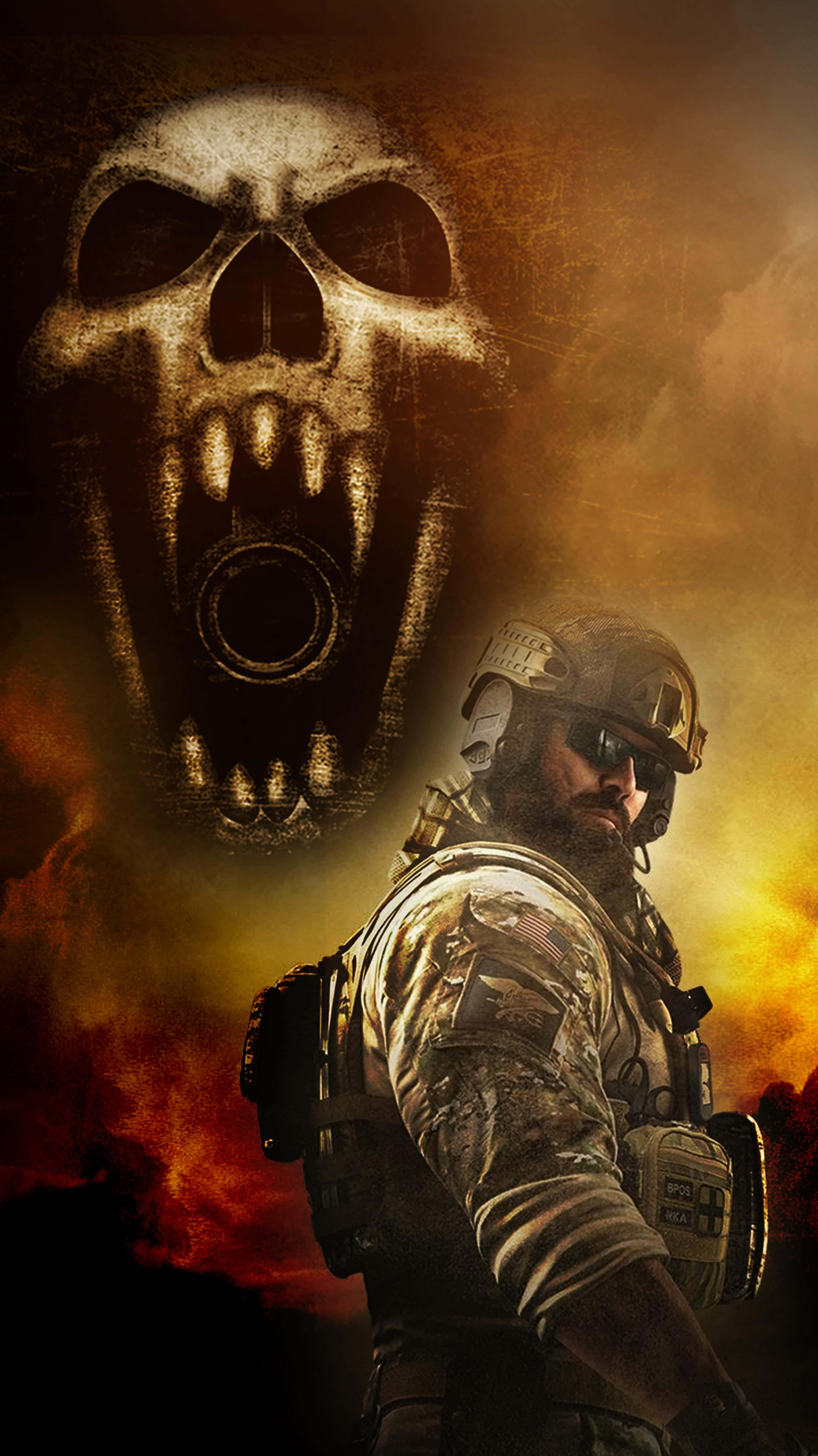 Rainbow Six Siege Blackbeard 桌布 壁紙 — 一名身穿戰術裝備的士兵站在咆哮的骷髏標誌前，背景是火橙色的黑煙。
