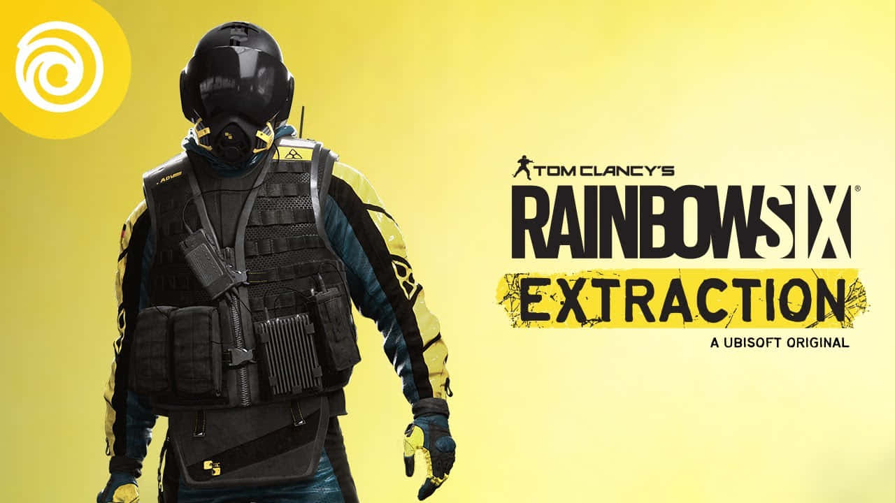 Rainbow Six Siege Jager 桌布 壁紙 — 一名身穿戰術裝備的士兵站在明亮的黃色背景前，遊戲標題 Rainbow Six Extraction 顯眼地展示出來。