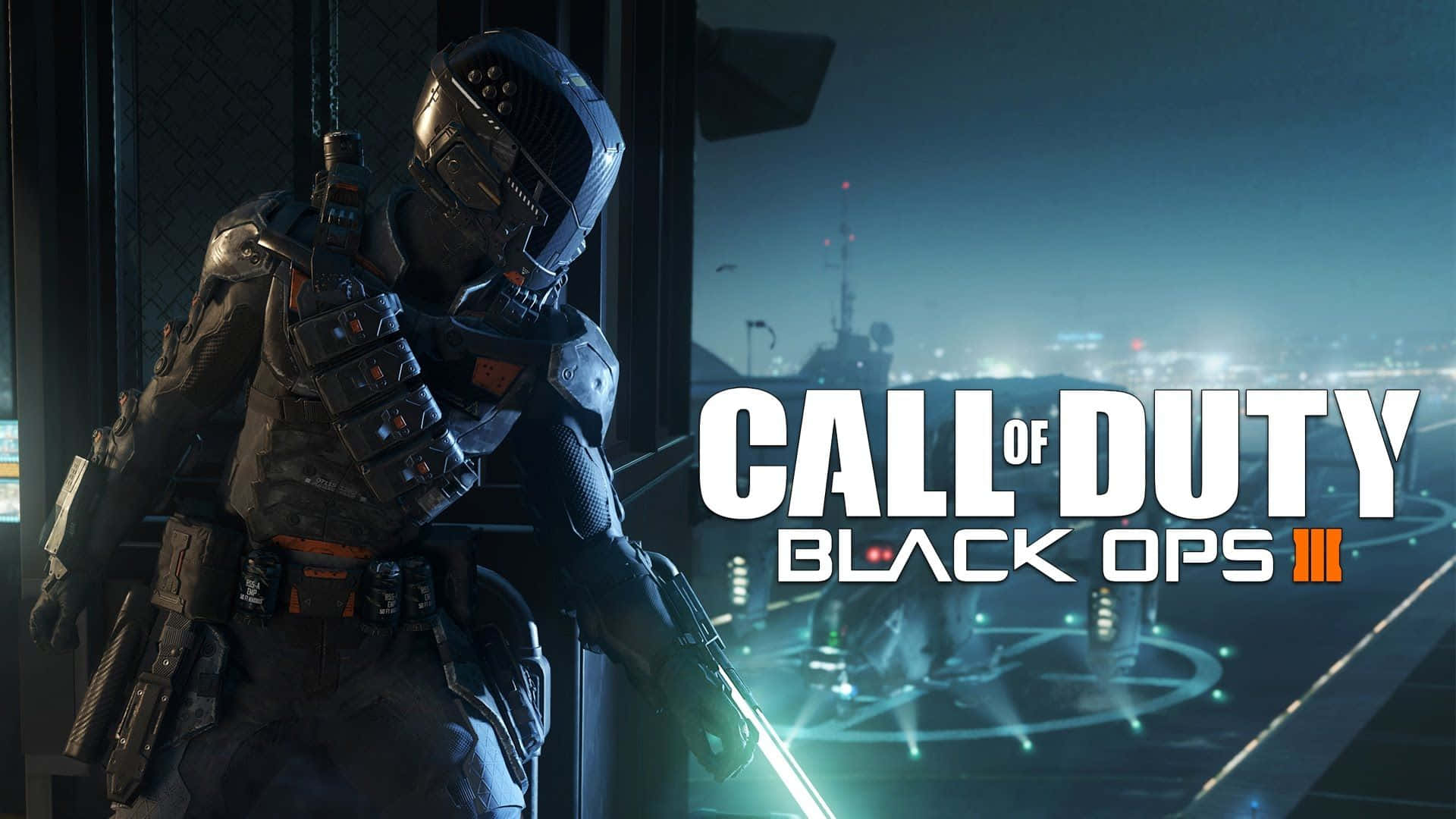 Call Of Duty Ps4 桌布 壁紙 — 一名身穿戰術裝備的士兵站在昏暗的城市屋頂上，俯瞰夜晚閃爍的城市景觀。