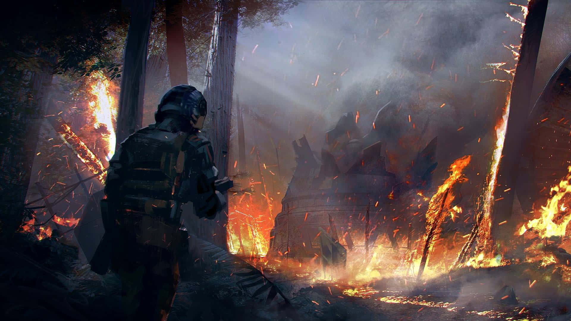 The Battle Of Endor 桌布 壁紙 — 一名身穿戰術裝備的士兵站在森林中，周圍是熊熊爆炸和飛舞的火星，天空煙霧瀰漫，暮色蒼茫。