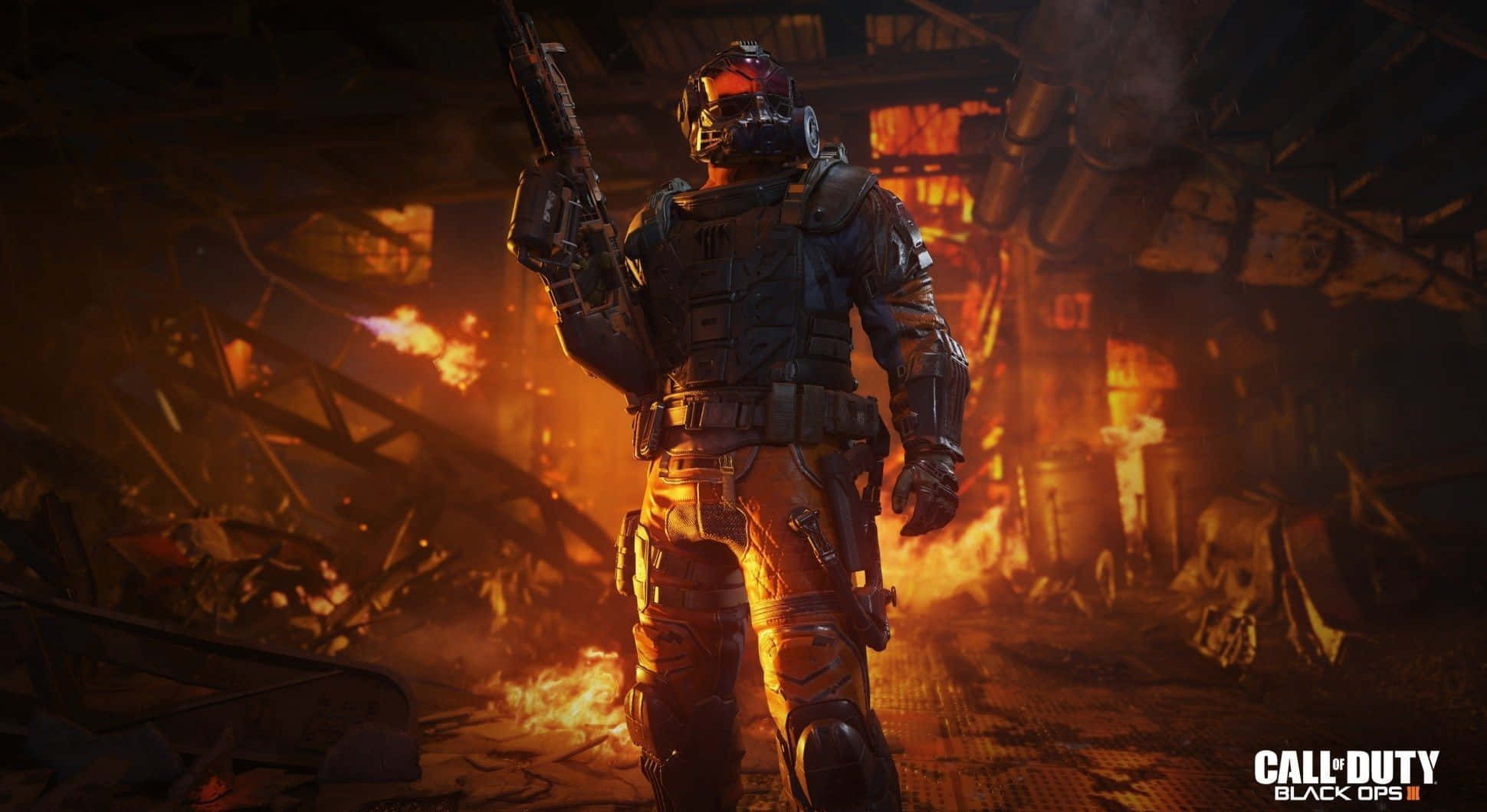 Black Ops 3 桌布 壁紙 — 一名身穿戰術裝備的士兵站在火光熊熊的廢墟中，在昏暗的工業廢墟裡手持步槍。