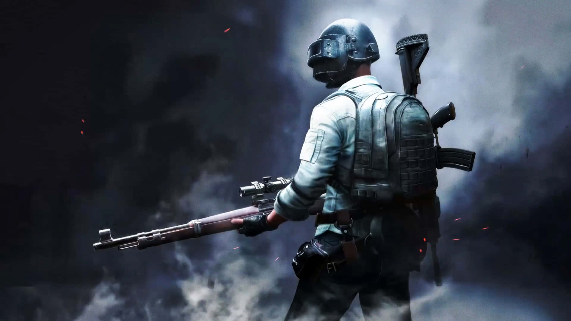 Pubg Banner 桌布 壁紙 — 一名身穿戰術裝備的士兵站在煙霧瀰漫的黑暗中，手持步槍，周圍有火花飛舞。