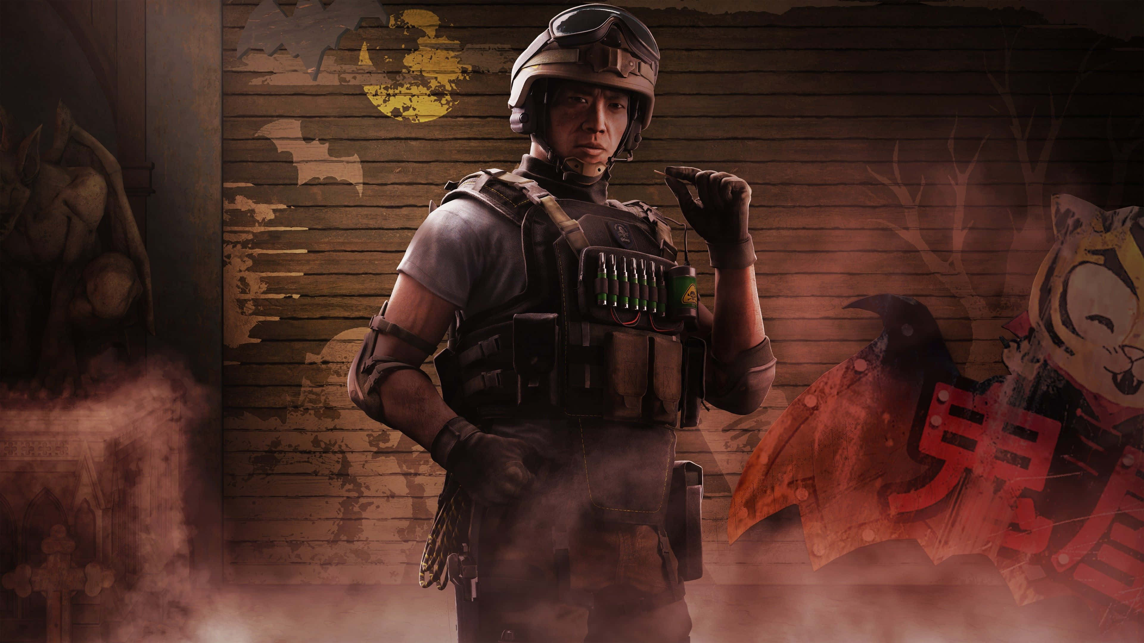 Rainbow Six Siege Lesion 桌布 壁紙 — 一名身穿戰術裝備的士兵站在煙霧瀰漫的城市小巷中，牆上有塗鴉和一隻烏鴉，頭頂一輪褪色的黃月。