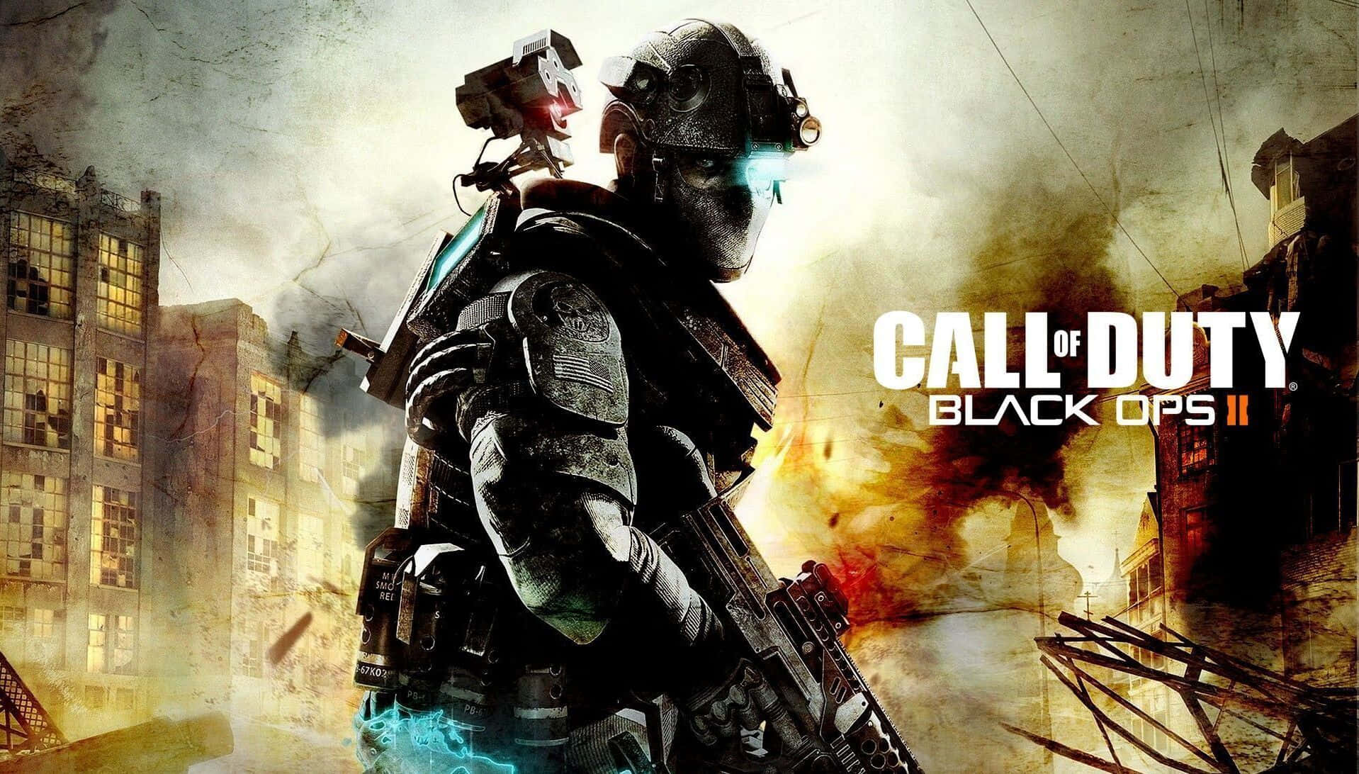 Cod 桌布 壁紙 — 一名身穿戰術裝備的士兵站在被戰爭摧毀的城市中，背景有爆炸和煙霧。