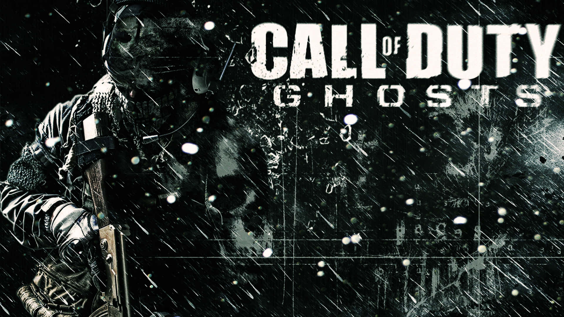 Call Of Duty Ghosts 桌布 壁紙 — 一名身穿戰術裝備的士兵站在被雨水浸濕、粗糙的戰場上，上方是粗體的「Call of Duty Ghosts」標題。