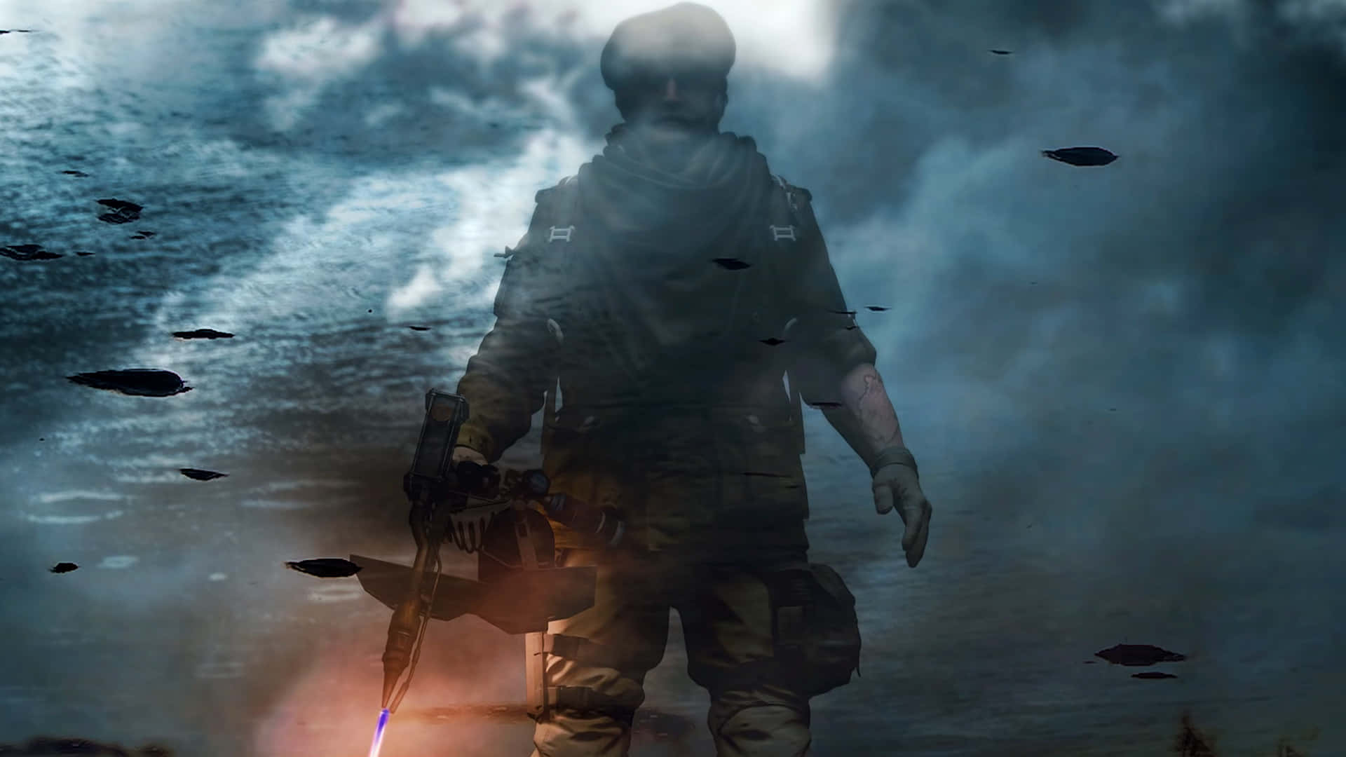 Rainbow Six Siege Maverick 桌布 壁紙 — 一名身穿戰術裝備的士兵站在風暴肆虐、充滿積水的景觀中，周圍有漂浮的碎片和發光的武器光線。
