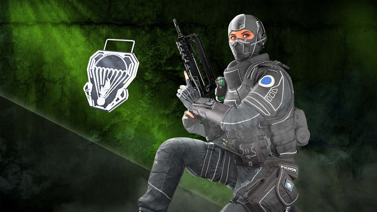 Rainbow Six Siege Twitch 桌布 壁紙 — 一名身穿戰術裝備的士兵蹲在龜裂的綠色牆壁旁，手持步槍，旁邊有一個白色降落傘標誌。