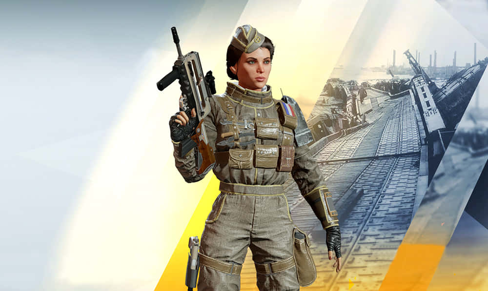 Rainbow Six Siege Twitch 桌布 壁紙 — 一名身穿戰術裝備的女兵，在工業鐵軌和發光光線的分割背景下手持步槍。