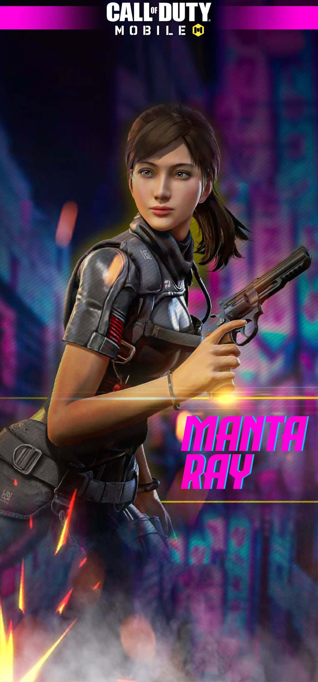 Cod Mobile Character Skins 桌布 壁紙 — 一名身穿戰術裝備的女兵，在霓虹燈光閃爍的賽博龐克城市背景下，手持手槍，帶有發光效果。