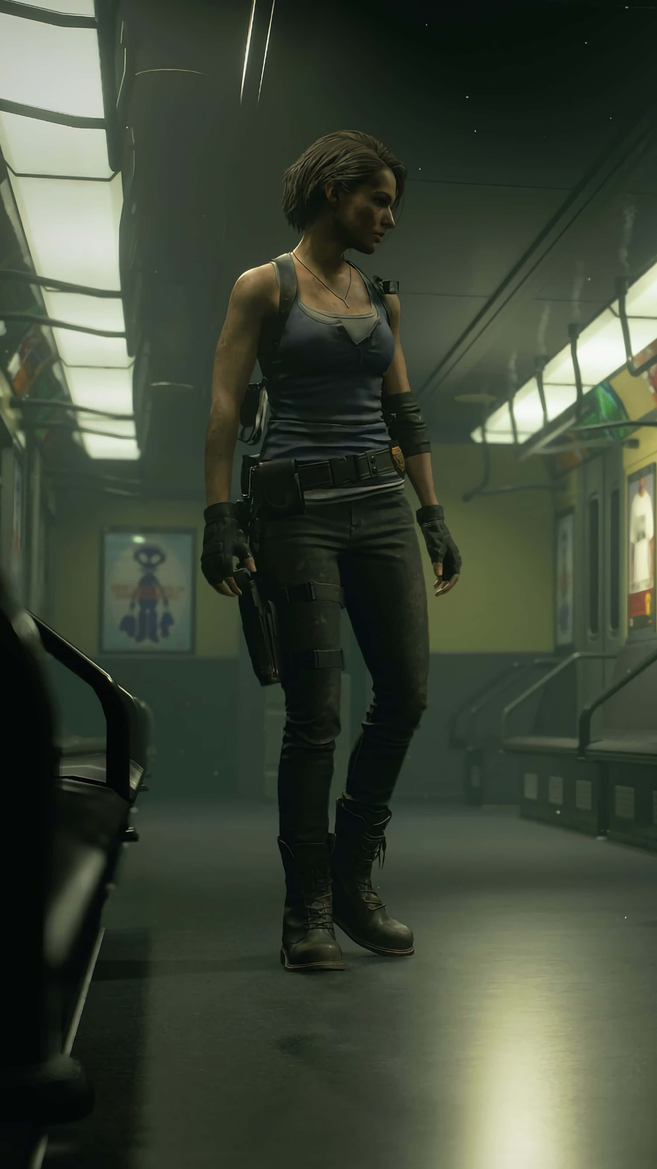 Resident Evil Characters 桌布 壁紙 — 一名身穿戰術裝備的女性倖存者，在燈光昏暗的地鐵車廂內手持手槍保持警覺。
