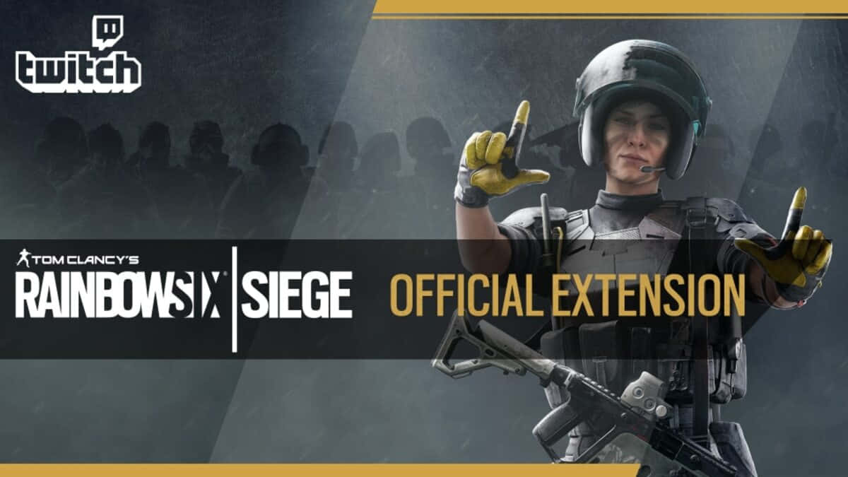 Rainbow Six Siege Twitch 桌布 壁紙 — 一名身穿戰術裝備的女性幹員在黑暗背景前舉起步槍並用手指比出和平手勢，帶有 Twitch 和 Rainbow Six Siege 品牌標識。