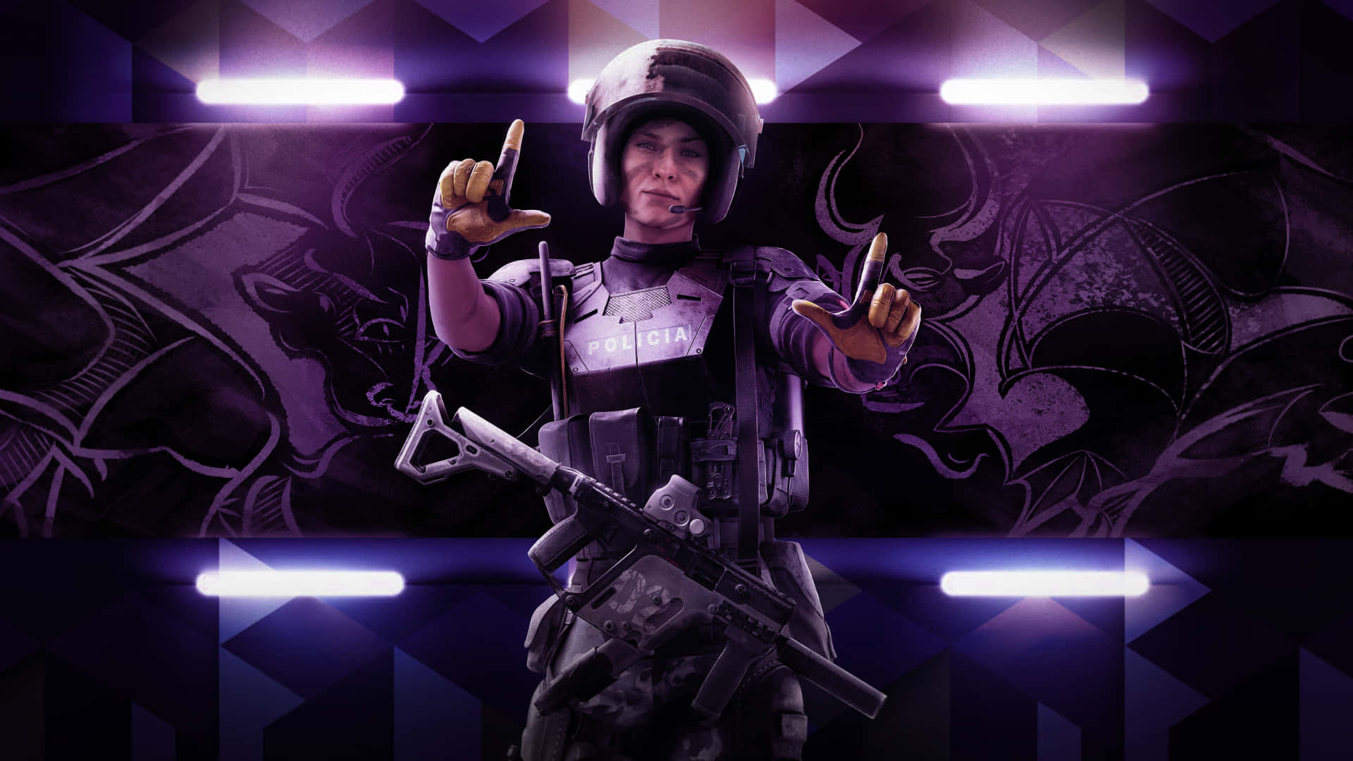 Rainbow Six Siege Mira 桌布 壁紙 — 一名身穿戰術裝備的女警在發光的紫色燈光下，以塗鴉牆為背景，手持步槍並做出手勢。