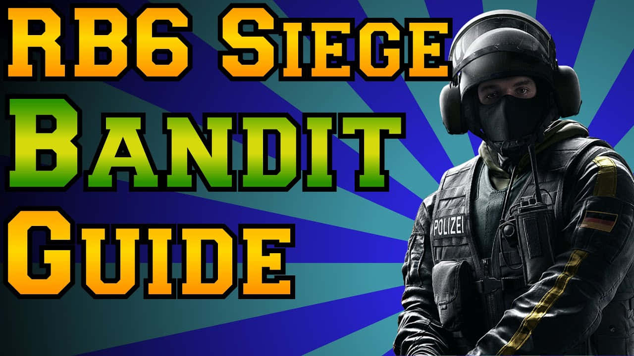 Rainbow Six Siege Bandit 桌布 壁紙 — 一名身穿戰術裝備的德國警察站在充滿活力的藍色和藍綠色放射狀背景前，帶有粗體遊戲標題文字。