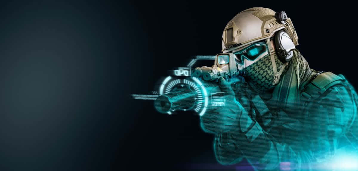 Rainbow Six Siege Jager 桌布 壁紙 — 一名身穿戰術裝備的未來士兵在黑暗背景下瞄準一把發光的賽博步槍。
