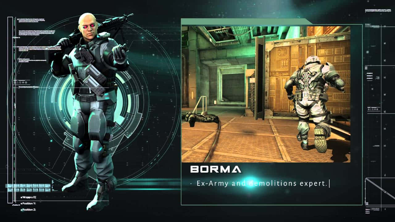 Ghost In The Shell Borma 桌布 壁紙 — 一名身穿戰術裝備的未來士兵站在全息界面前面，另一名士兵則在昏暗的科幻走廊中奔跑。