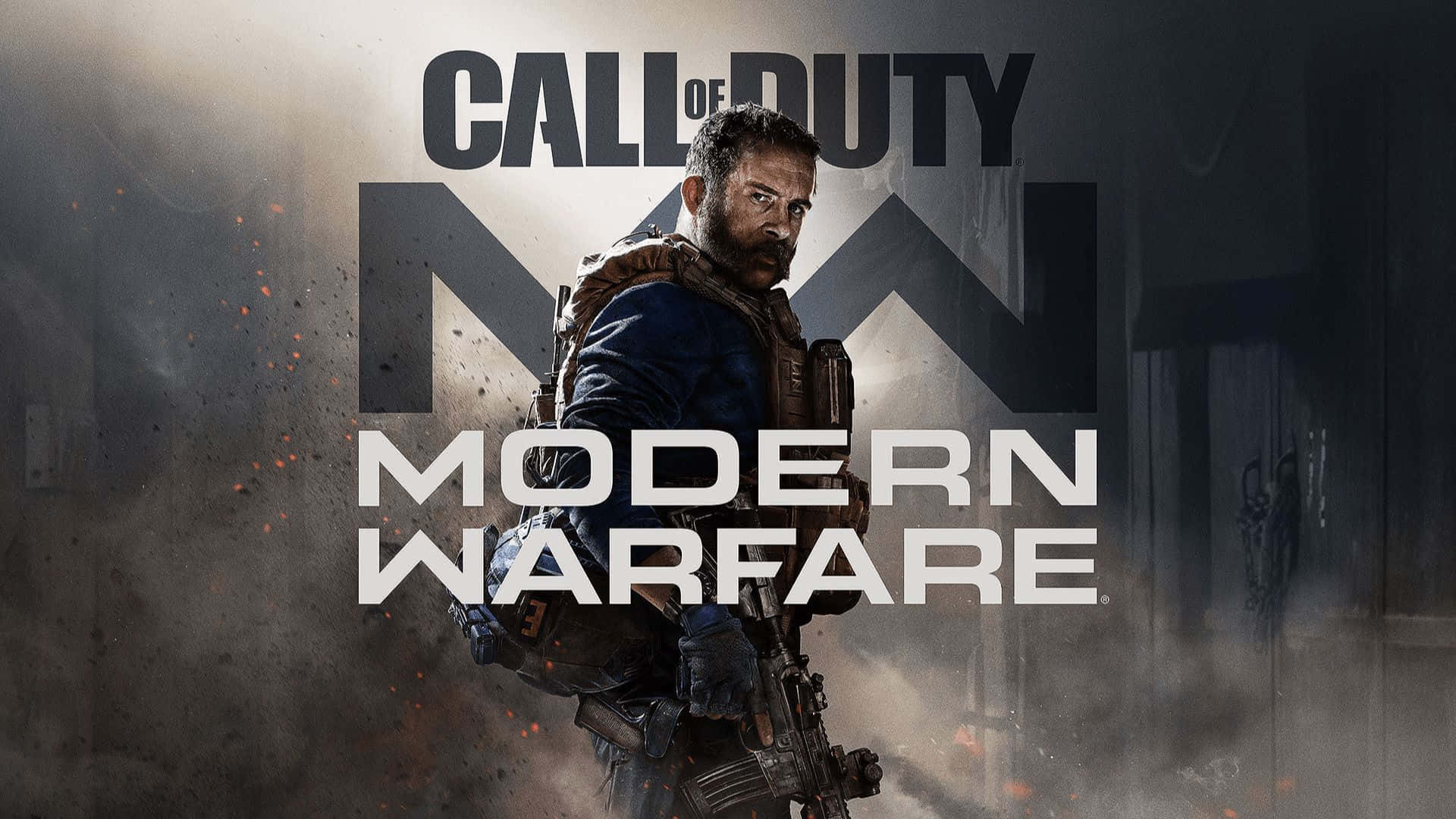 Call Of Duty Weapons 桌布 壁紙 — 一名身穿戰術裝備的粗獷士兵，在煙霧瀰漫的戰爭廢墟背景下，手持步槍，並帶有《決勝時刻：現代戰爭》標誌。