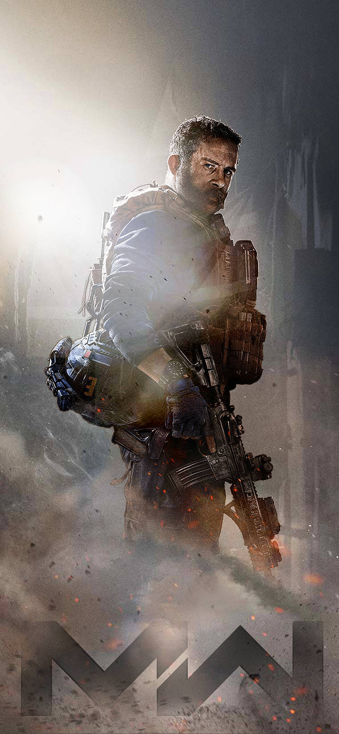 Call Of Duty Modern Warfare iPhone 桌布 壁紙 — 一名身穿戰術裝備的粗獷士兵，在煙霧和瓦礫中手持步槍，背後被明亮光源照亮。