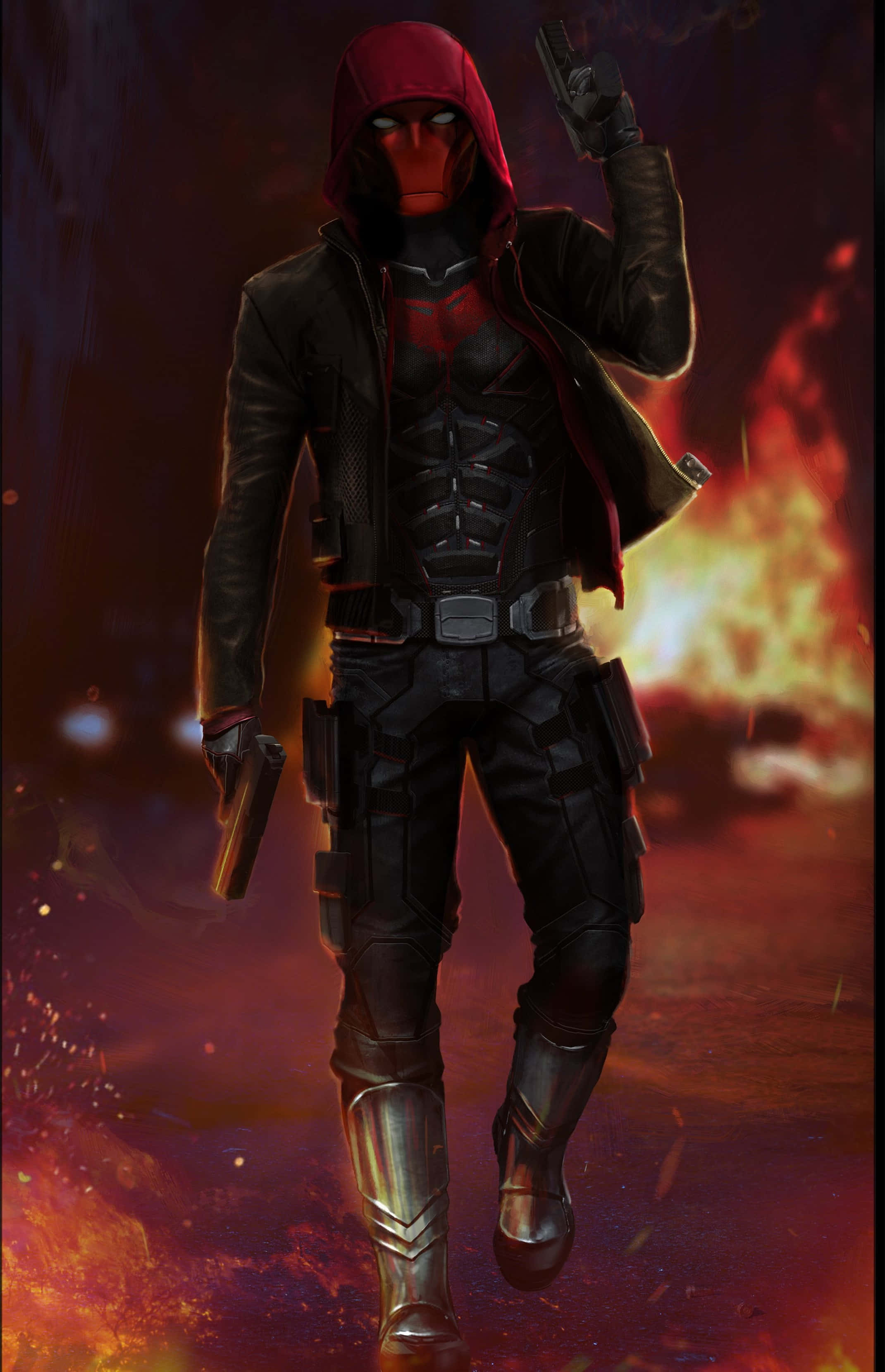 Red Hood 桌布 壁紙 — 一名身穿戰術裝備的紅色兜帽義警手持兩把手槍，在熾熱爆炸背景中大步前進。