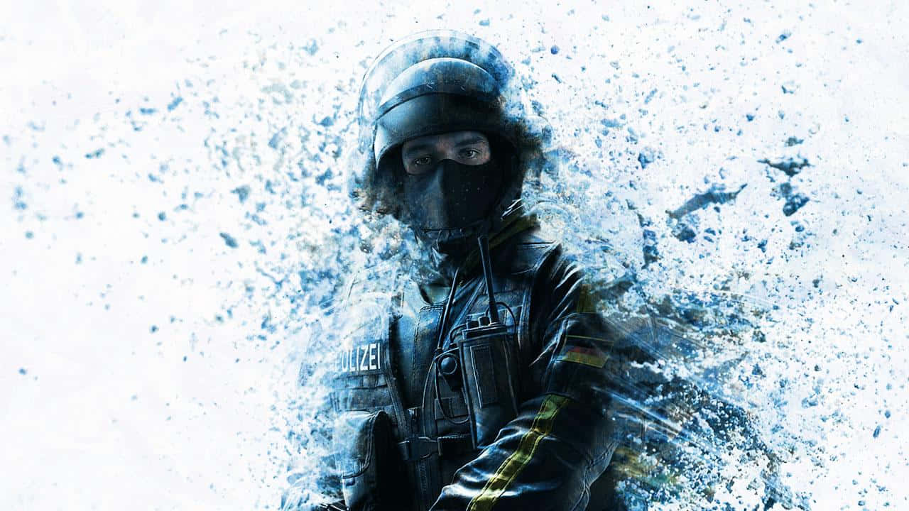 Rainbow Six Siege Bandit 桌布 壁紙 — 一名身穿戰術裝備的警員從藍色爆炸中出現，神情專注。