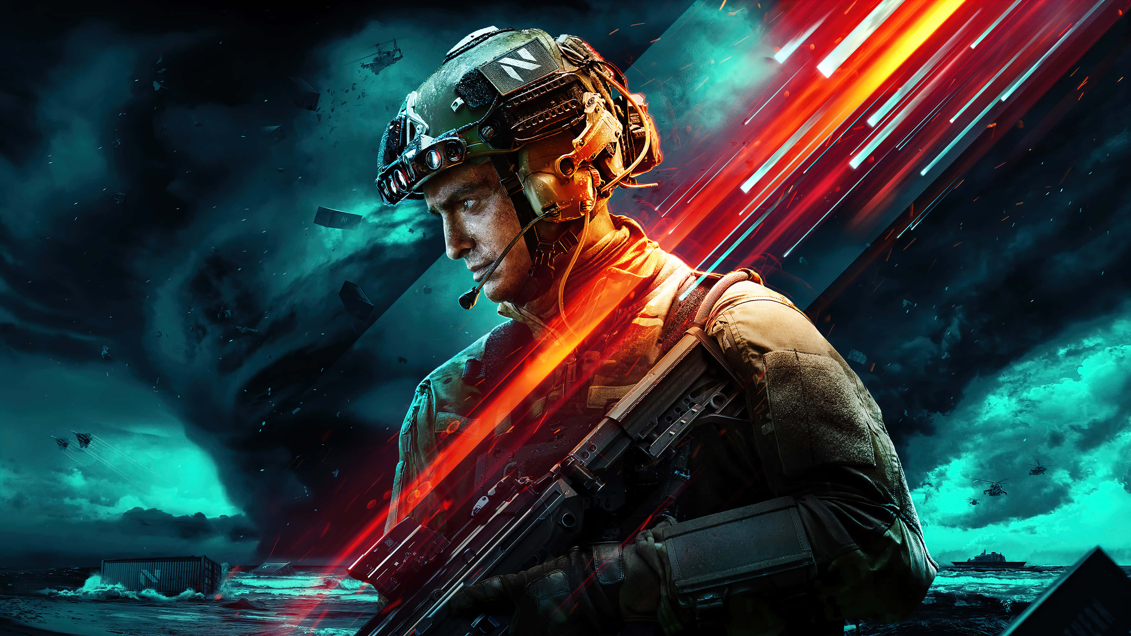 Fps 桌布 壁紙 — 一名身穿戰鬥裝備的士兵在風暴般的青綠色和紅色燈光戰場上堅定站立，背景有直升機和爆炸。