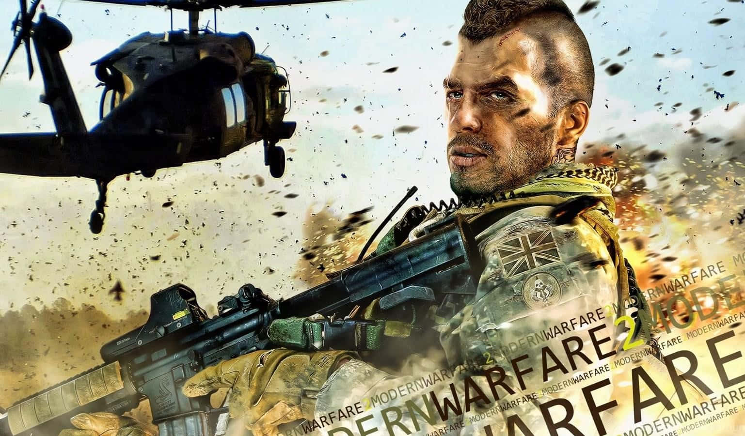 Soap Mactavish 桌布 壁紙 — 一名身穿戰鬥裝備的士兵手持步槍，直升機在頭頂飛過，周圍有飛揚的碎片和爆炸。