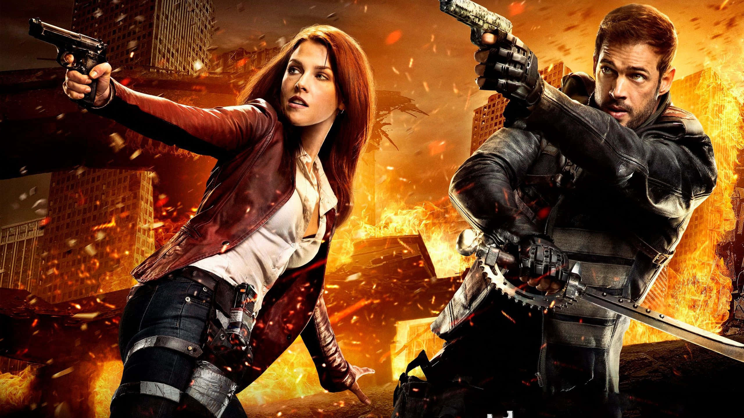 Resident Evil Characters 桌布 壁紙 — 一名身穿戰鬥裝備的男女在熾熱的城市爆炸中，碎片飛揚，開火射擊。