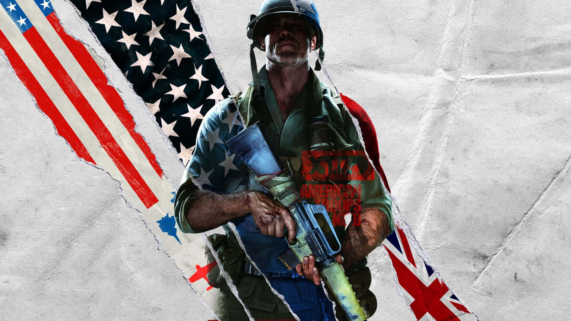 Call Of Duty Black Ops Cold War 桌布 壁紙 — 一名身穿戰鬥裝備的粗獷士兵，以破損的美國和英國國旗為背景，手持步槍。