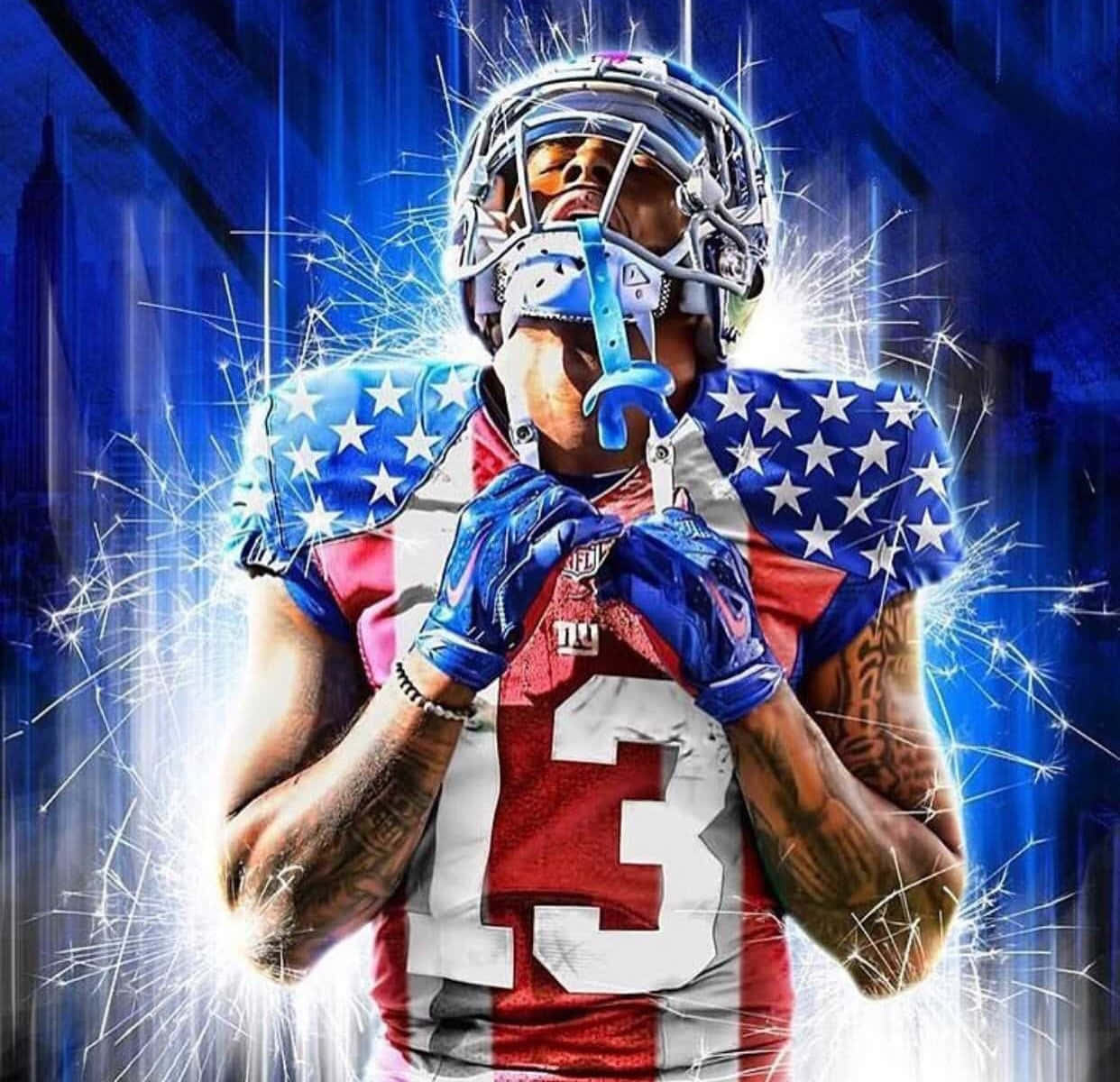 Obj 桌布 壁紙 — 一名身穿星條旗愛國球衣的足球員手持頭盔，明亮的火花在他周圍爆炸，背景是深藍色。