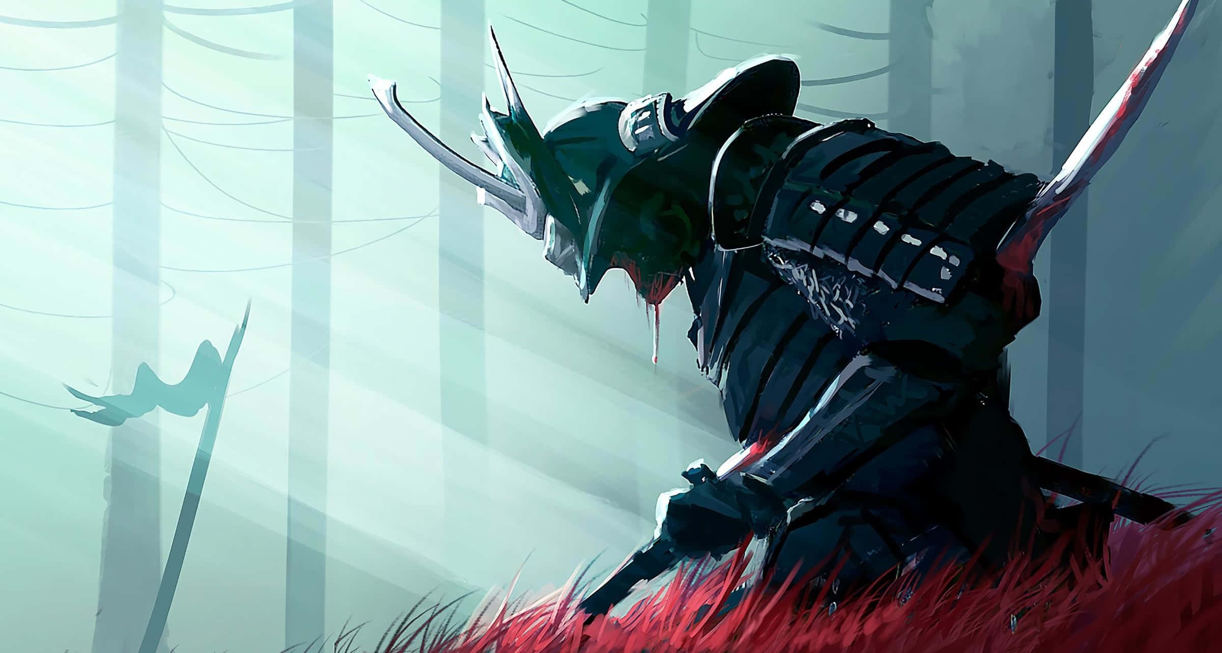 Samurai X 桌布 壁紙 — 一名身穿暗色盔甲、頭盔沾血的武士跪在充滿活力的紅草中，沐浴在迷霧森林的光線下。