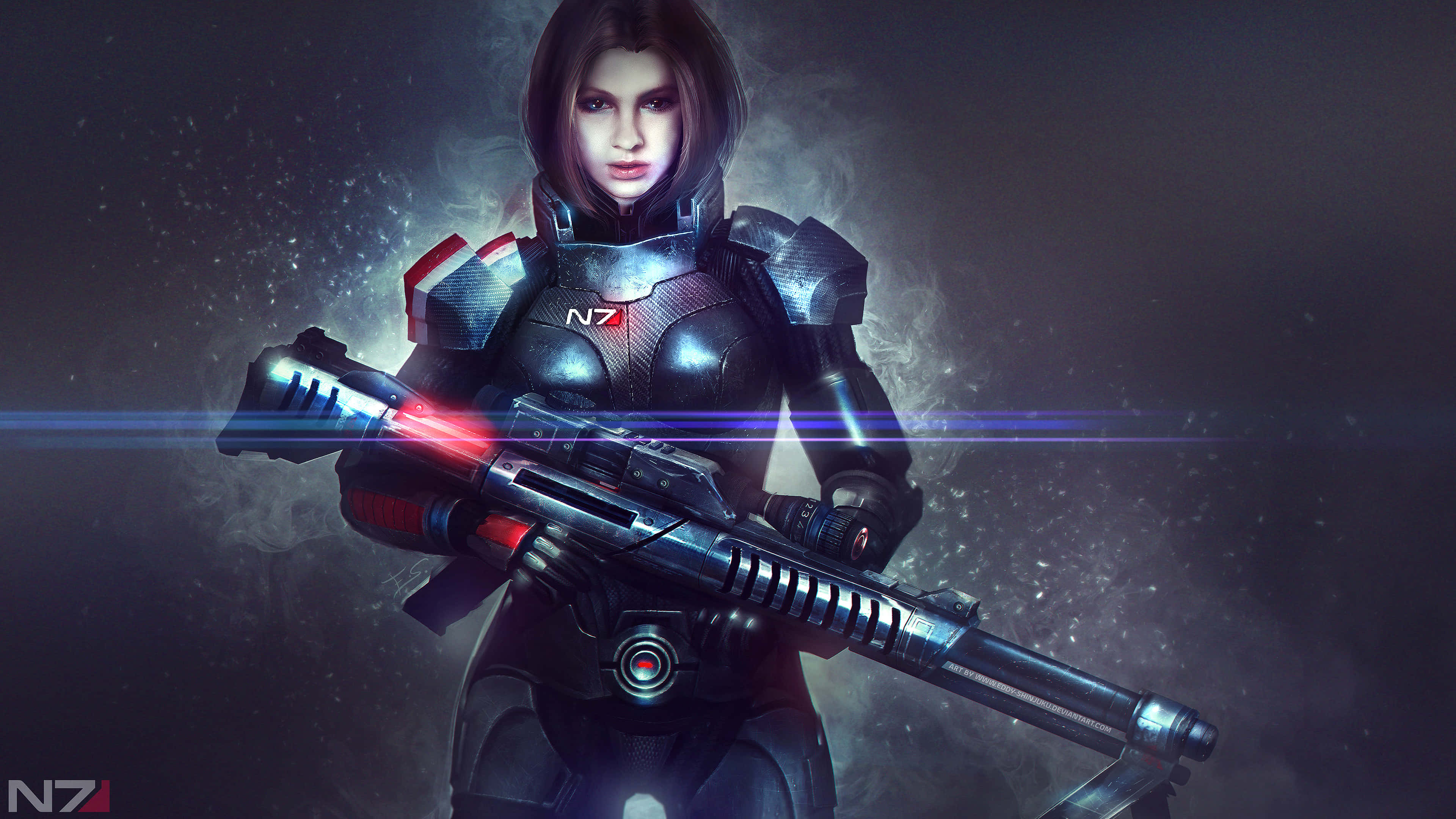 Mass Effect Femshep 桌布 壁紙 — 一名身穿暗色盔甲的女兵，在煙霧繚繞的宇宙背景中，手持發光的步槍，伴隨著光線條紋。