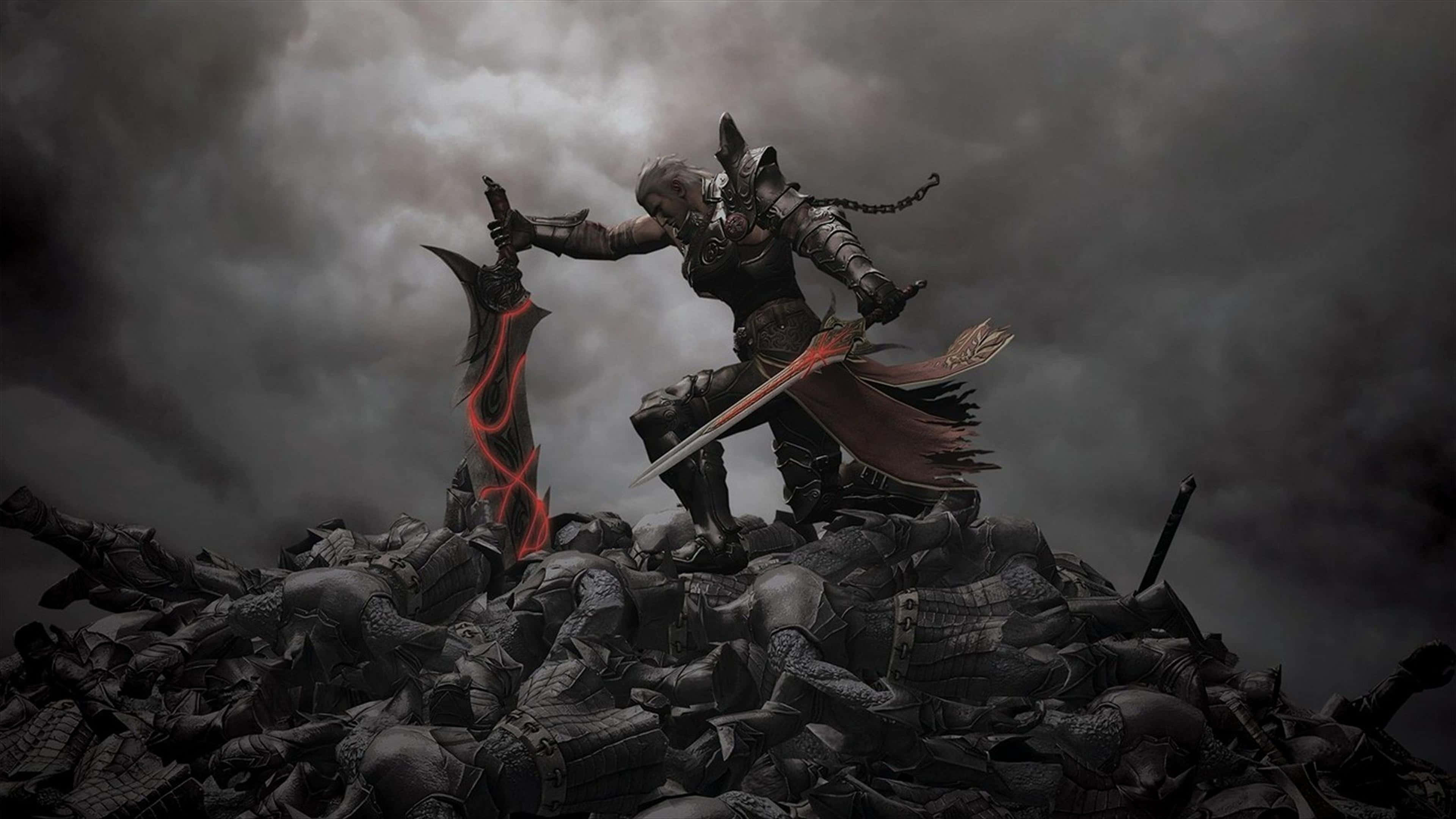 Dark Gaming 桌布 壁紙 — 一名身穿暗色盔甲的戰士，在暴風雨的天空下，站在一堆倒下的士兵之上，手持發光的紅色劍，展現勝利的姿態。