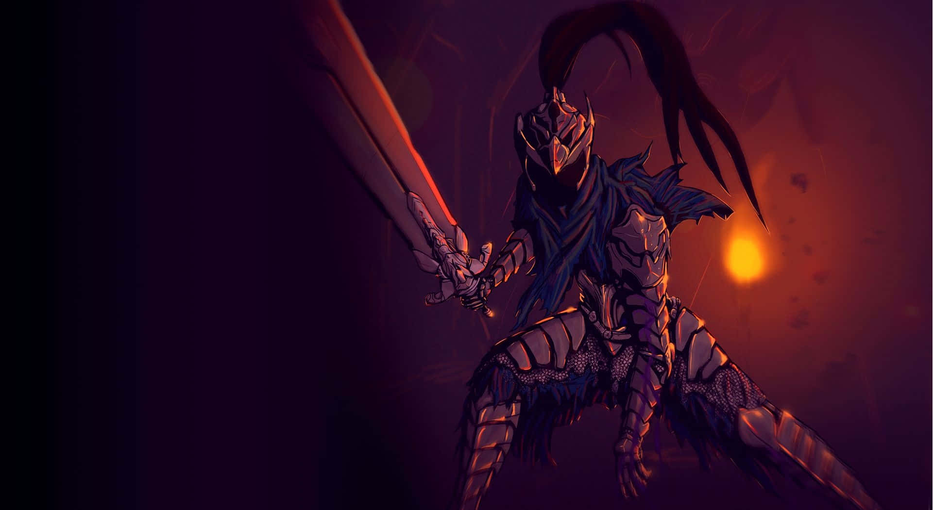 Artorias The Abysswalker 桌布 壁紙 — 一名身穿暗色盔甲的戰士，手持發光劍，在熾熱的橙色和紫色背景下蓄勢待發。