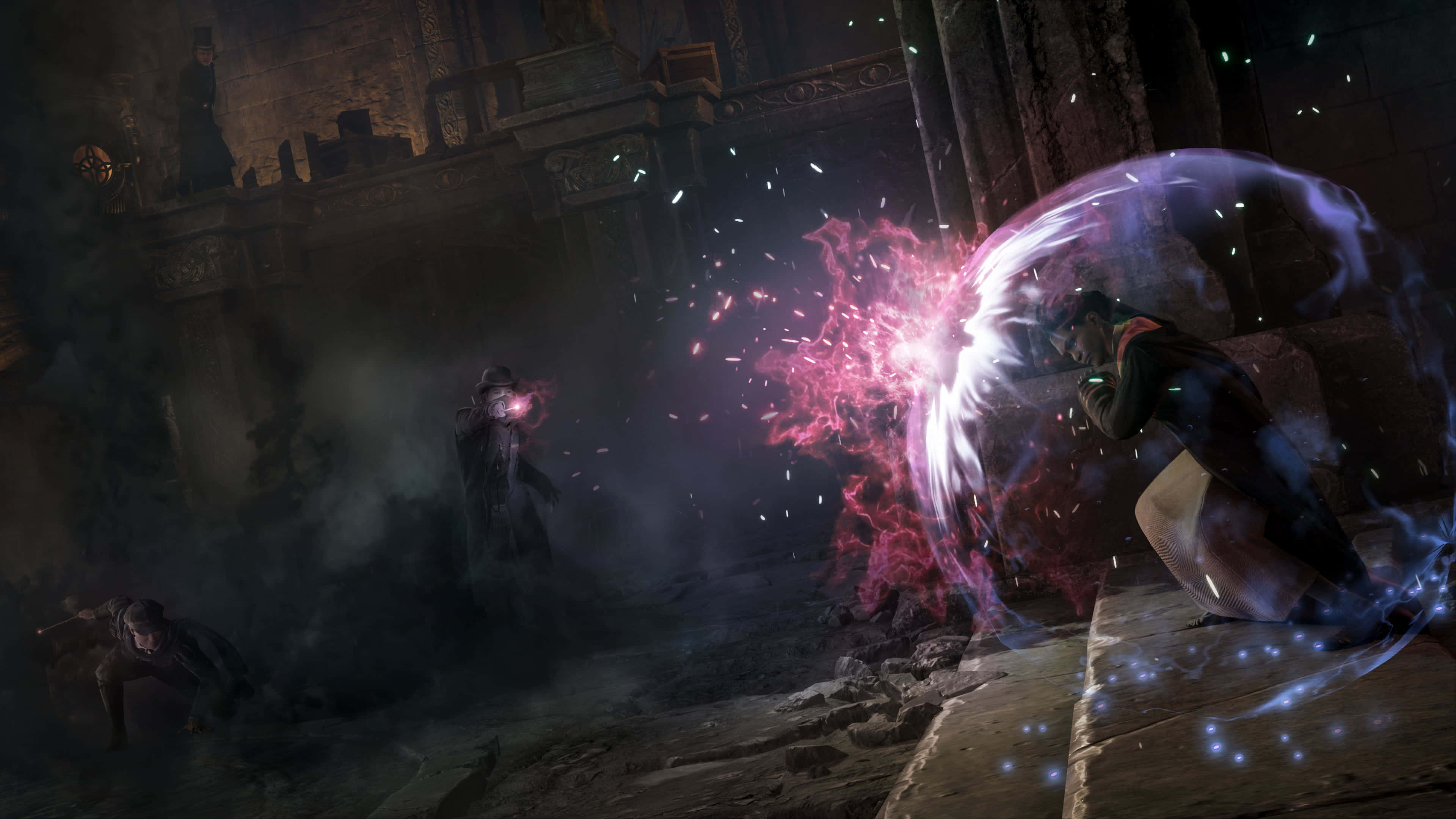 The Hogwarts Potions Class 桌布 壁紙 — 一名身穿暗色盔甲的戰士在夜晚的 crumbling 石頭堡壘中偏轉了一股粉紅色能量爆發。
