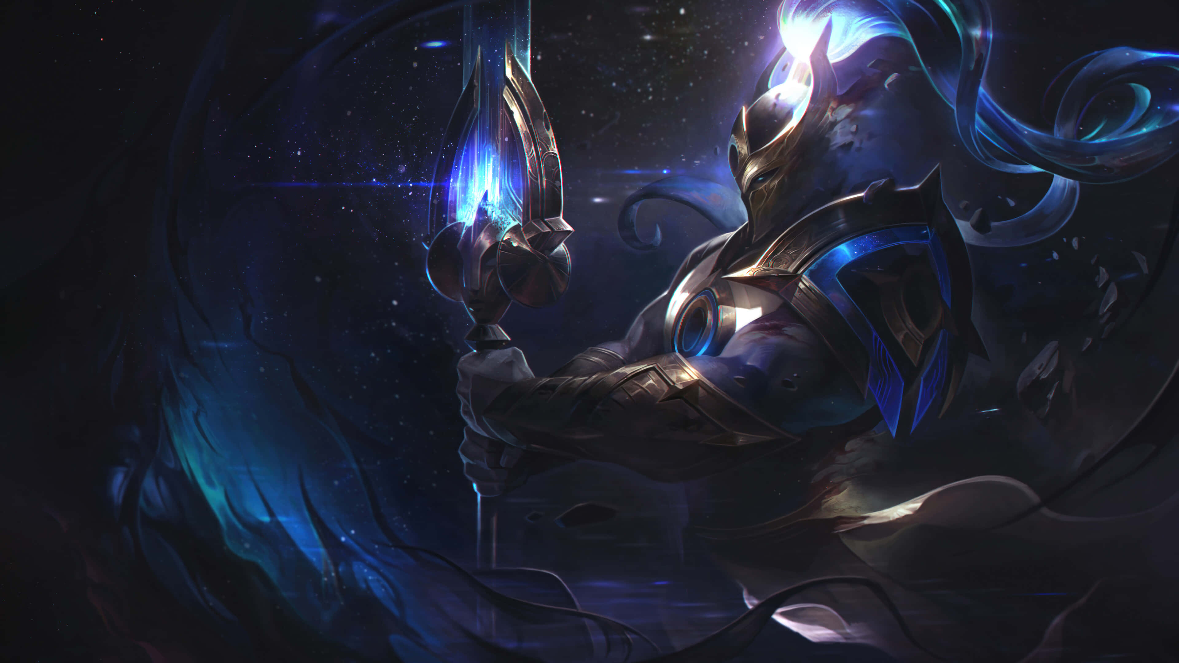 League Of Legends Champions 桌布 壁紙 — 一名身穿暗色盔甲的戰士在宇宙星空背景下揮舞著發光的藍色長矛，伴隨著旋轉的能量。