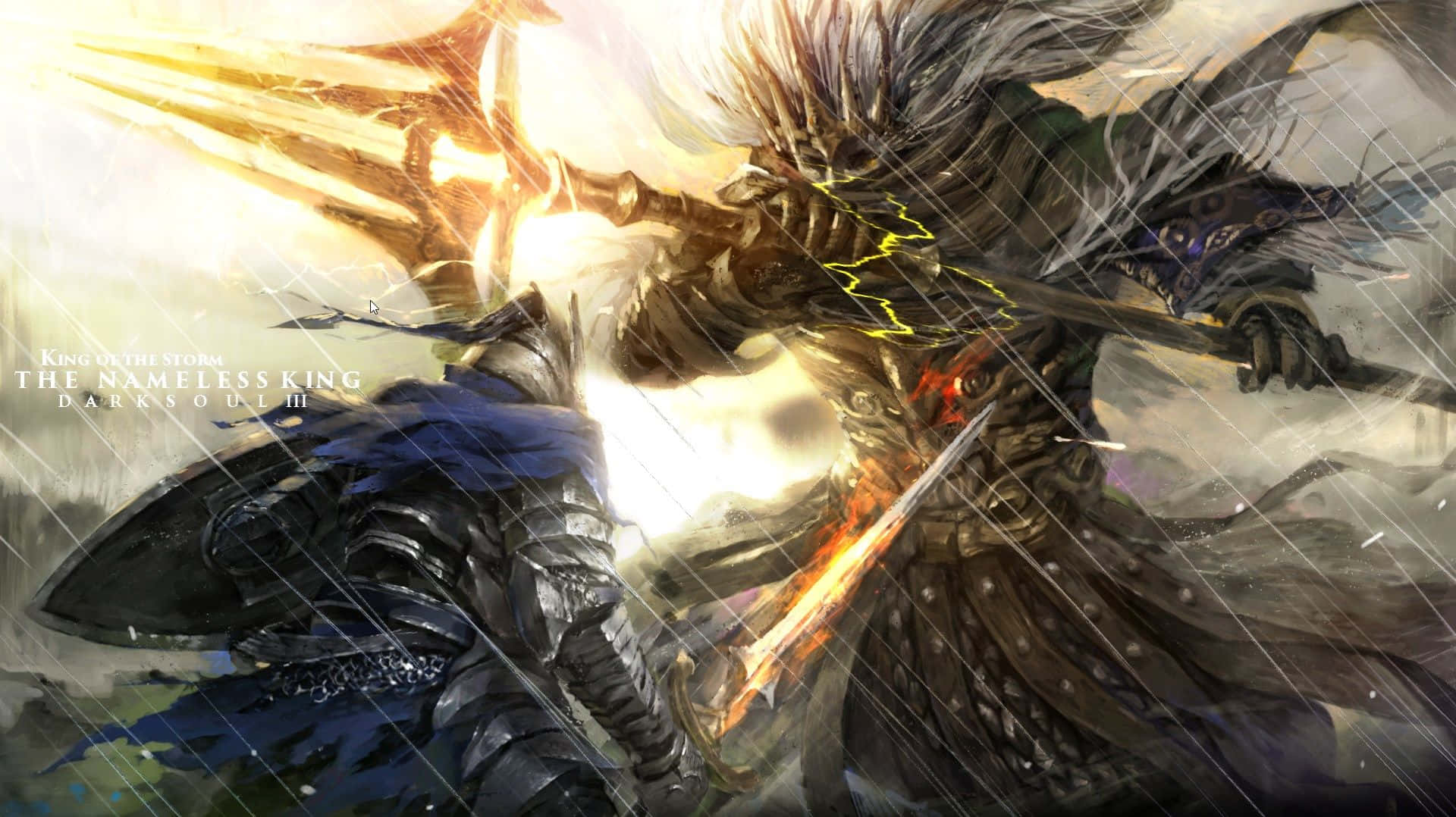 Nameless King 桌布 壁紙 — 一名身穿暗色盔甲的戰士在暴風雨戰場上與揮舞火焰劍的發光骷髏王交鋒。